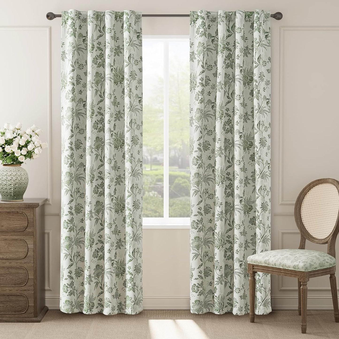 jinchan Blackout Floral Curtains for Bedroom, 96 Inches Long Printed Flower Black Out Curtains, French Country Back Tab Sage Green Window Treatment Farmhouse Drapes Set 2 Panels Green