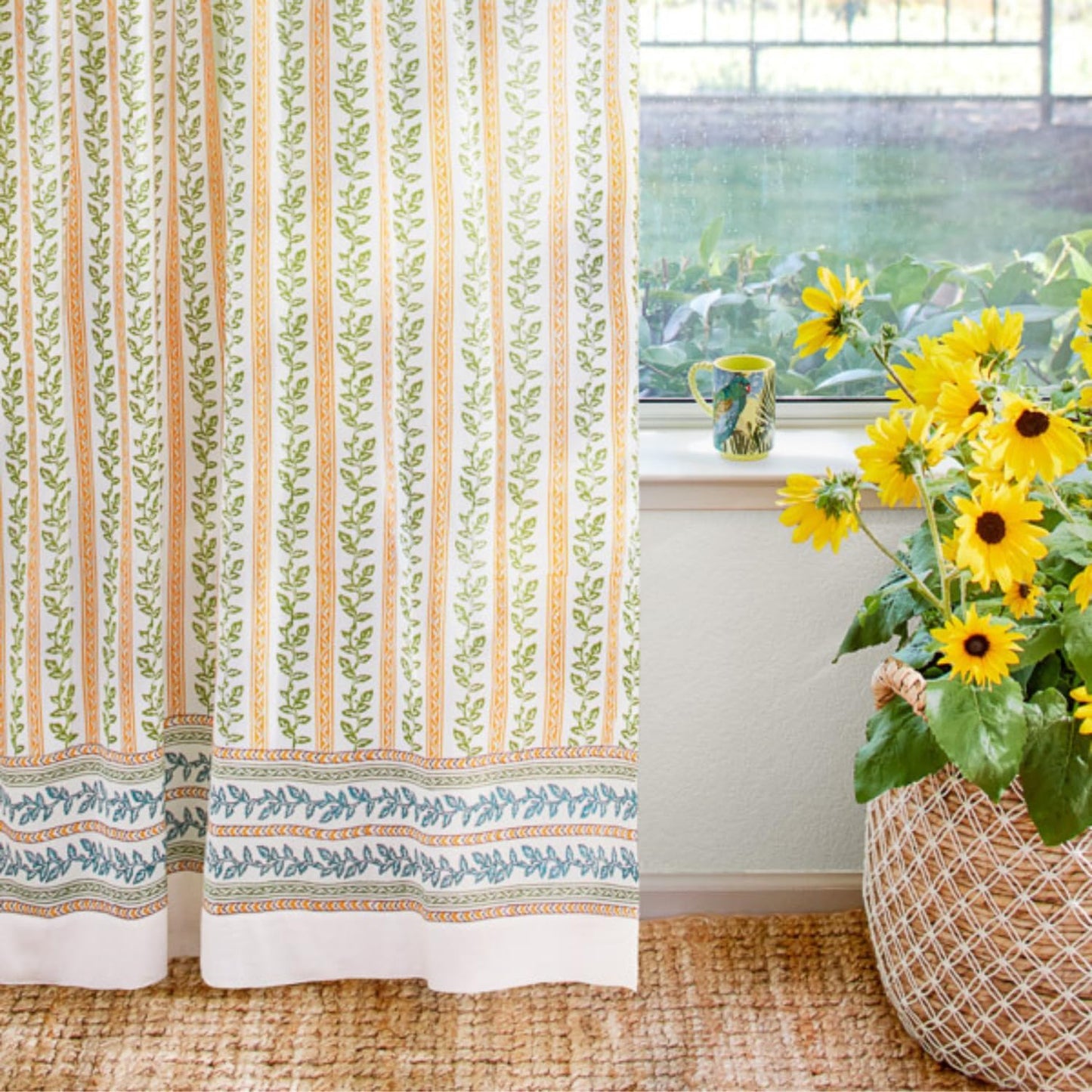 White Sheer Curtain Panel with Tieback, Ivy Lace Leaf Design Tab Top for Light Filtering & Privacy 100% Cotton Voile Hand Block Printed 44 x 84 Inches