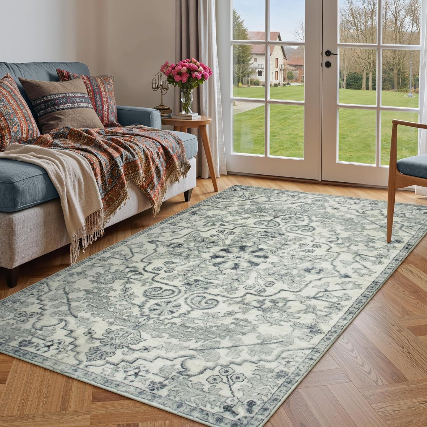 Lahome Bohemian Floral Medallion Round Rug - 4Ft Soft Bedroom Area Rug Oriental Distressed Washable Entryway Foyer Throw Mat Non-Slip Door Carpet for Dining Living Room Bedside Nursery, Orange/Multi