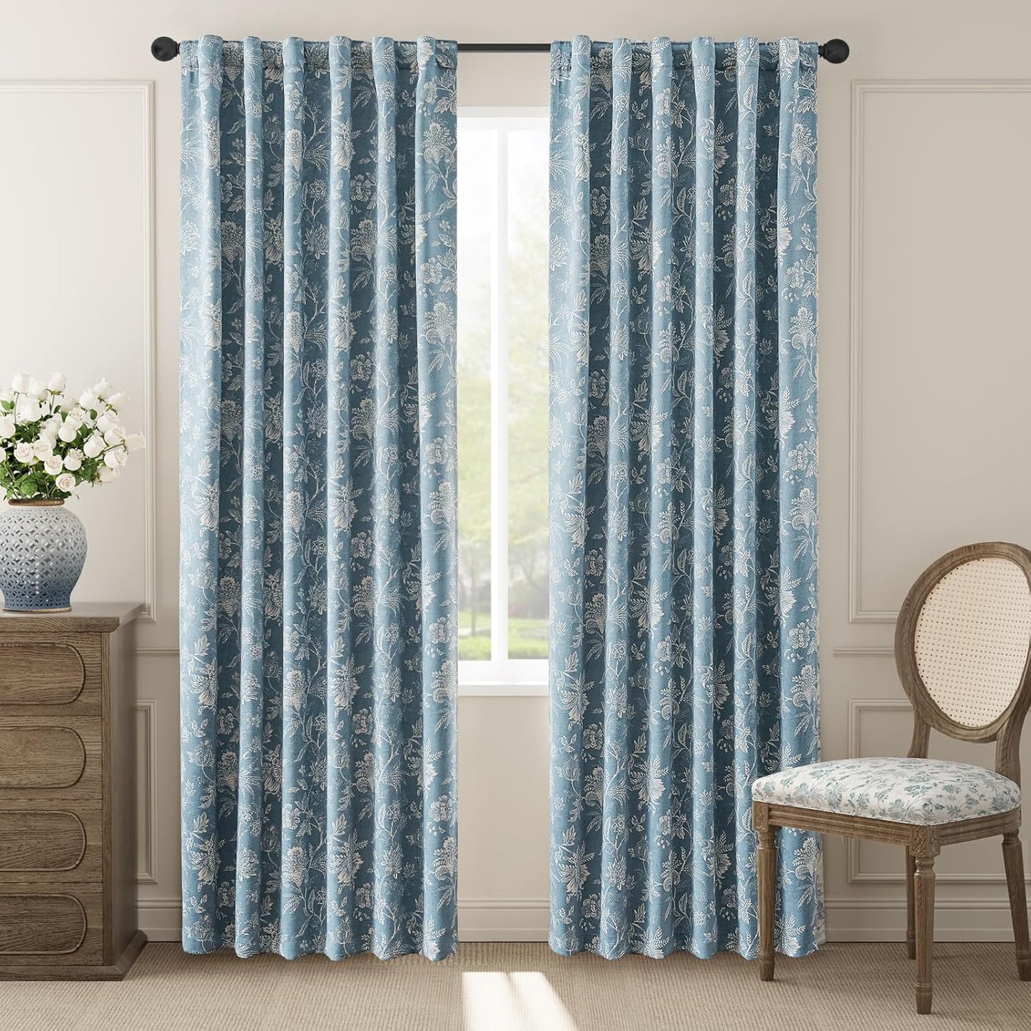 jinchan Blackout Floral Curtains for Bedroom, 96 Inches Long Printed Flower Black Out Curtains, French Country Back Tab Sage Green Window Treatment Farmhouse Drapes Set 2 Panels Green