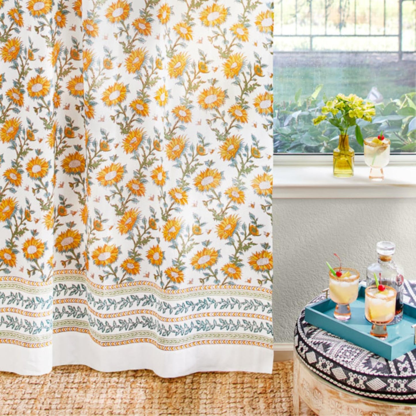 White Sheer Curtain Panel with Tieback, Ivy Lace Leaf Design Tab Top for Light Filtering & Privacy 100% Cotton Voile Hand Block Printed 44 x 84 Inches