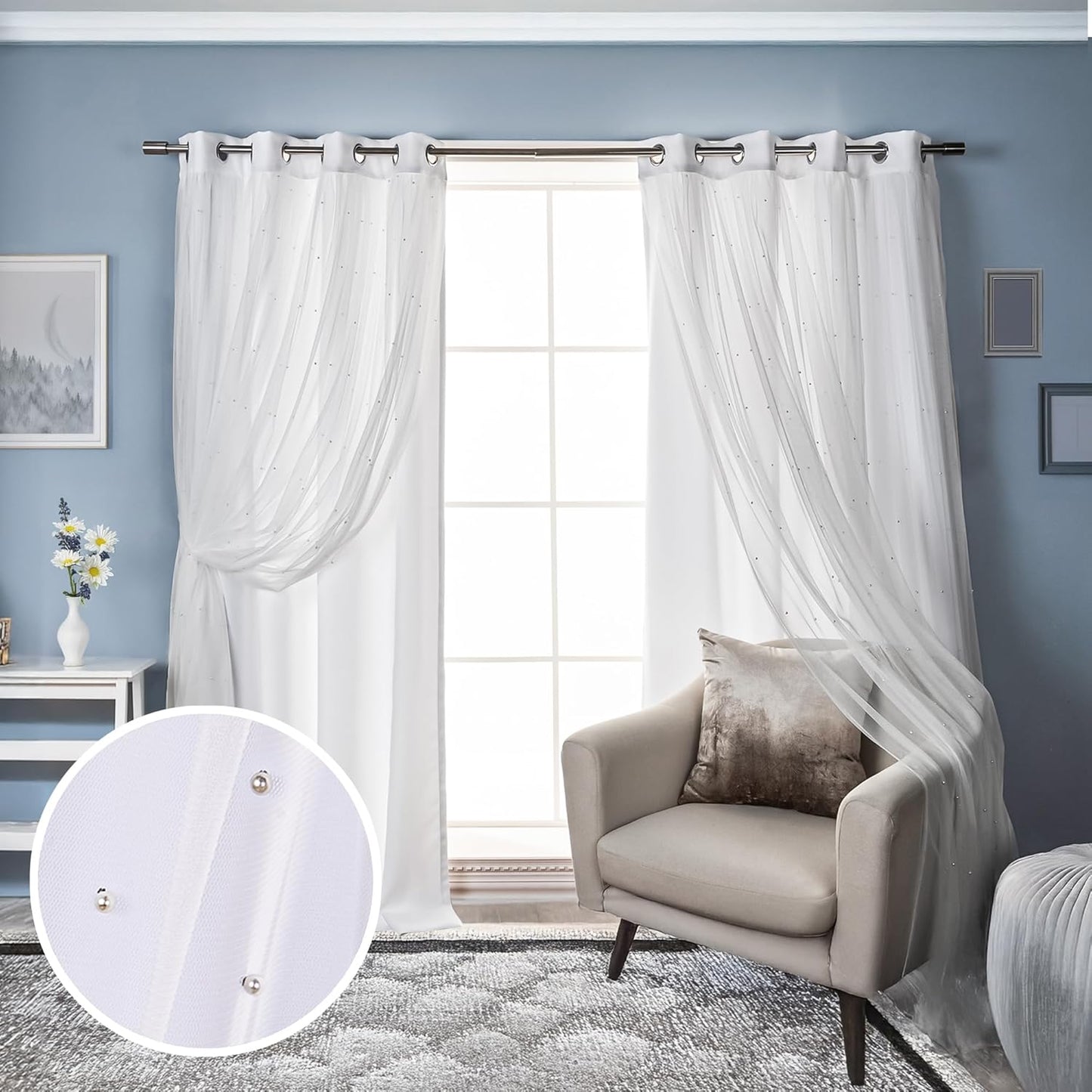 Best Home Fashion Pearl Beaded Lace Overlay Blackout Curtain Set, Double Layer Silver Grommet Thermal Insulated Window Panels for Bedroom, Living Room, Dining Room- 52" W x 84" L, Dustypink