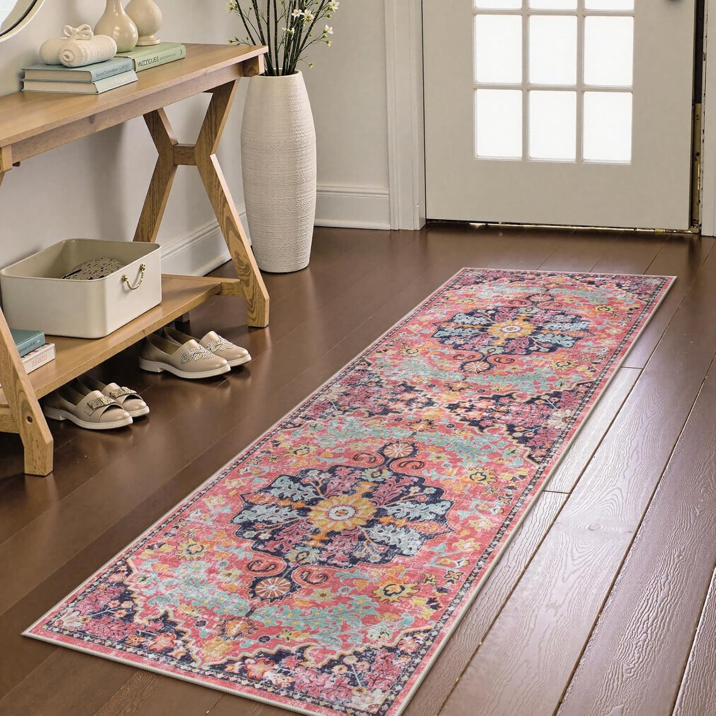 Lahome Bohemian Floral Medallion Round Rug - 4Ft Soft Bedroom Area Rug Oriental Distressed Washable Entryway Foyer Throw Mat Non-Slip Door Carpet for Dining Living Room Bedside Nursery, Orange/Multi