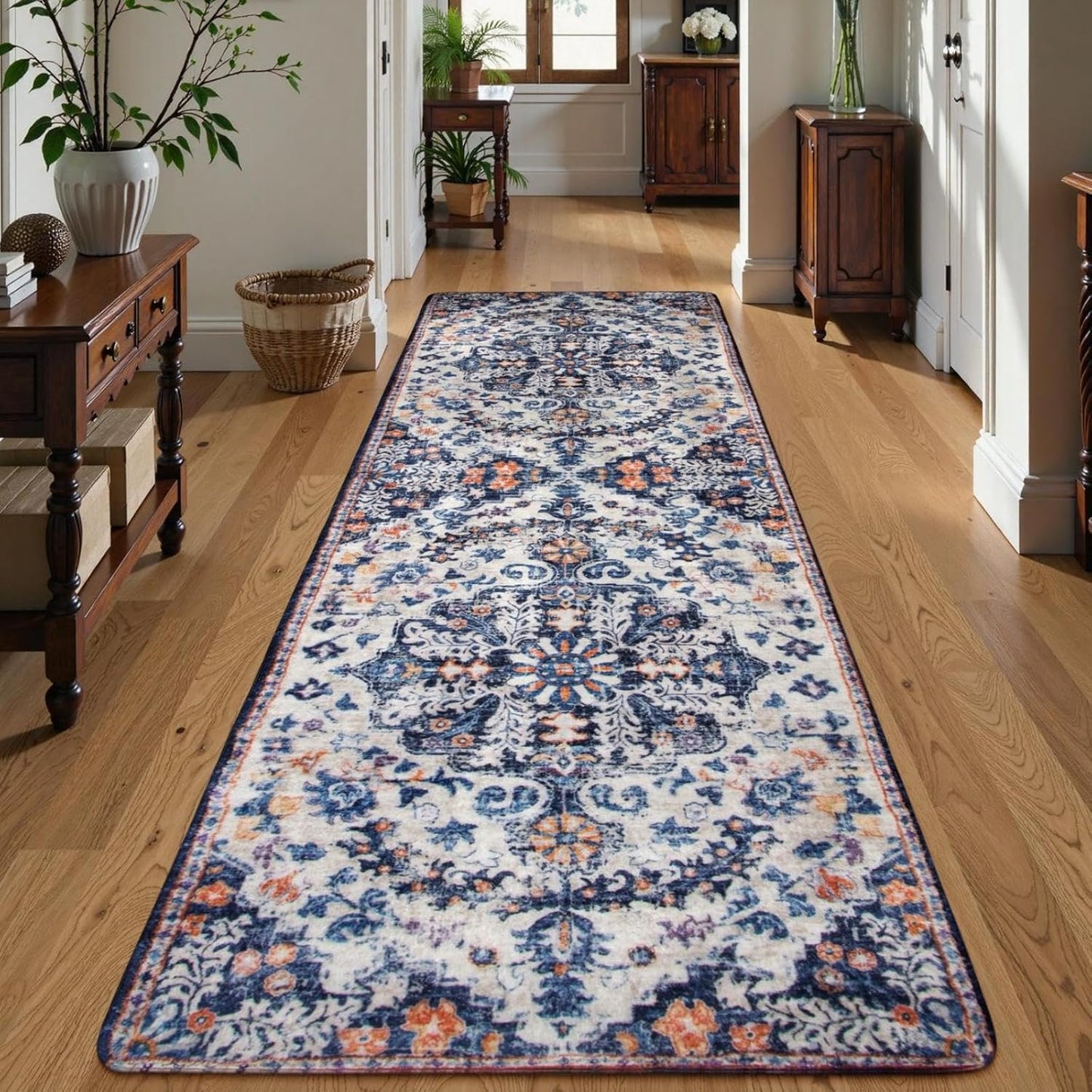 Lahome Bohemian Floral Medallion Round Rug - 4Ft Soft Bedroom Area Rug Oriental Distressed Washable Entryway Foyer Throw Mat Non-Slip Door Carpet for Dining Living Room Bedside Nursery, Orange/Multi