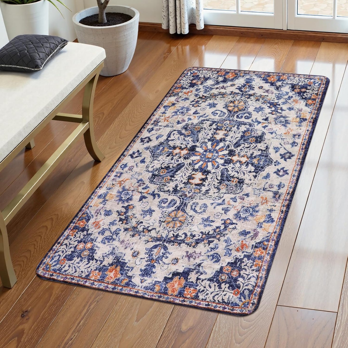 Lahome Bohemian Floral Medallion Round Rug - 4Ft Soft Bedroom Area Rug Oriental Distressed Washable Entryway Foyer Throw Mat Non-Slip Door Carpet for Dining Living Room Bedside Nursery, Orange/Multi