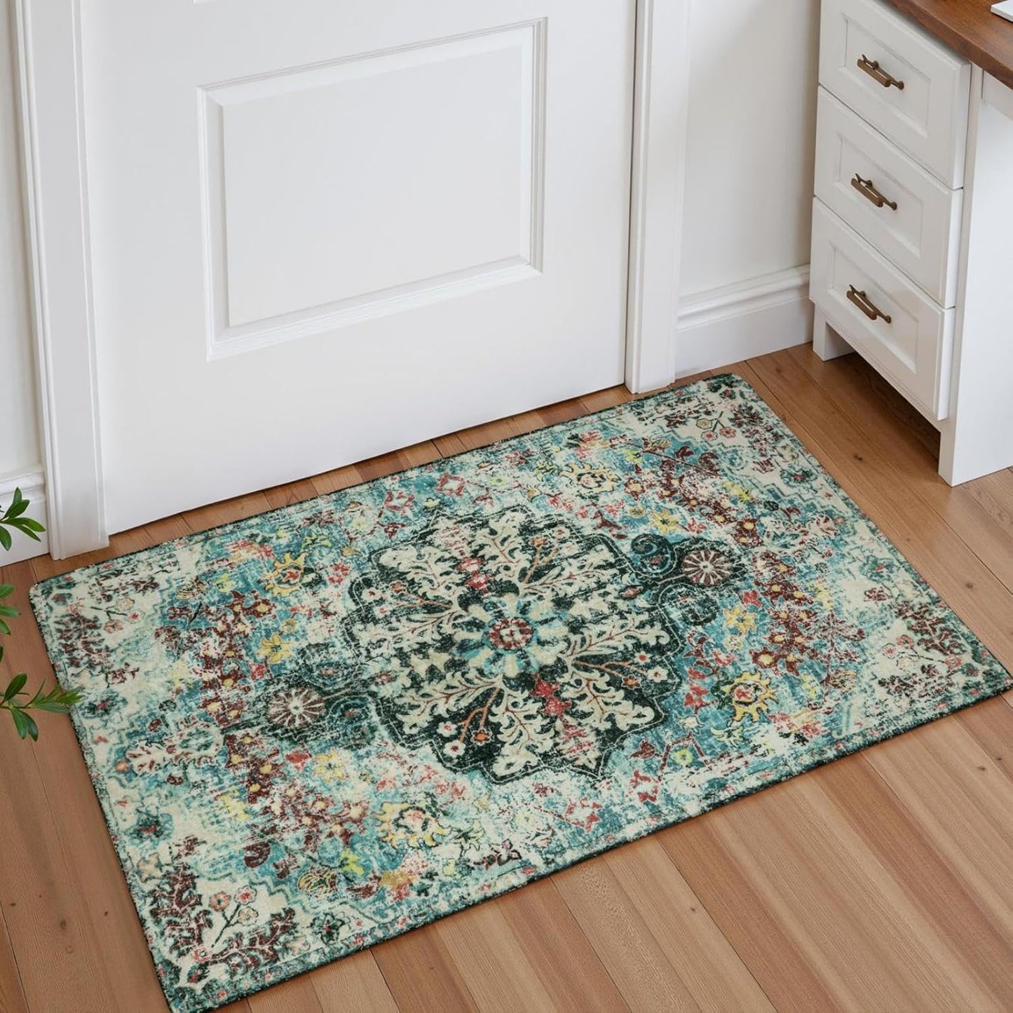 Lahome Bohemian Floral Medallion Round Rug - 4Ft Soft Bedroom Area Rug Oriental Distressed Washable Entryway Foyer Throw Mat Non-Slip Door Carpet for Dining Living Room Bedside Nursery, Orange/Multi