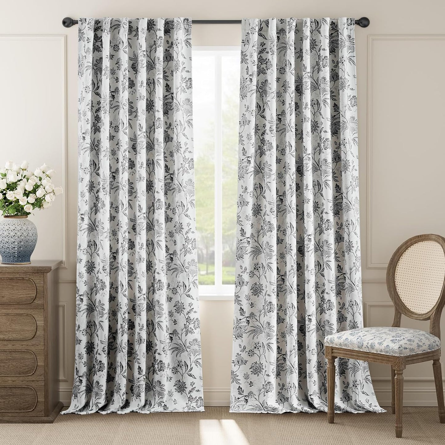 jinchan Blackout Floral Curtains for Bedroom, 96 Inches Long Printed Flower Black Out Curtains, French Country Back Tab Sage Green Window Treatment Farmhouse Drapes Set 2 Panels Green