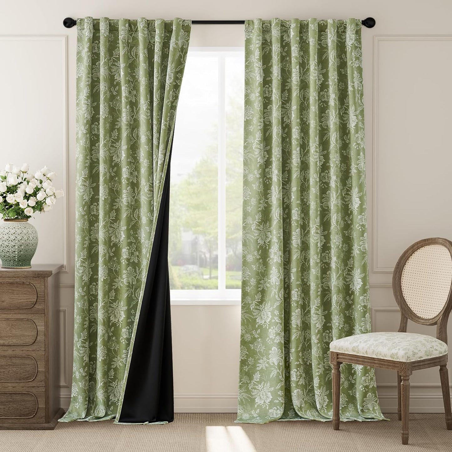 jinchan Blackout Floral Curtains for Bedroom, 96 Inches Long Printed Flower Black Out Curtains, French Country Back Tab Sage Green Window Treatment Farmhouse Drapes Set 2 Panels Green