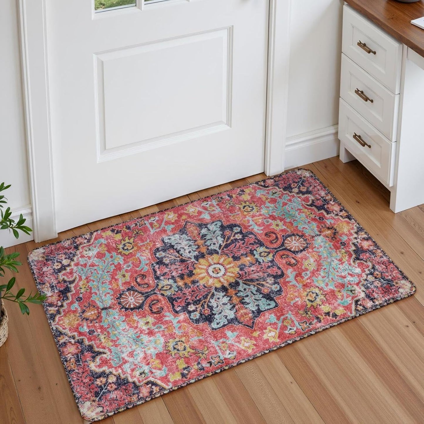 Lahome Bohemian Floral Medallion Round Rug - 4Ft Soft Bedroom Area Rug Oriental Distressed Washable Entryway Foyer Throw Mat Non-Slip Door Carpet for Dining Living Room Bedside Nursery, Orange/Multi