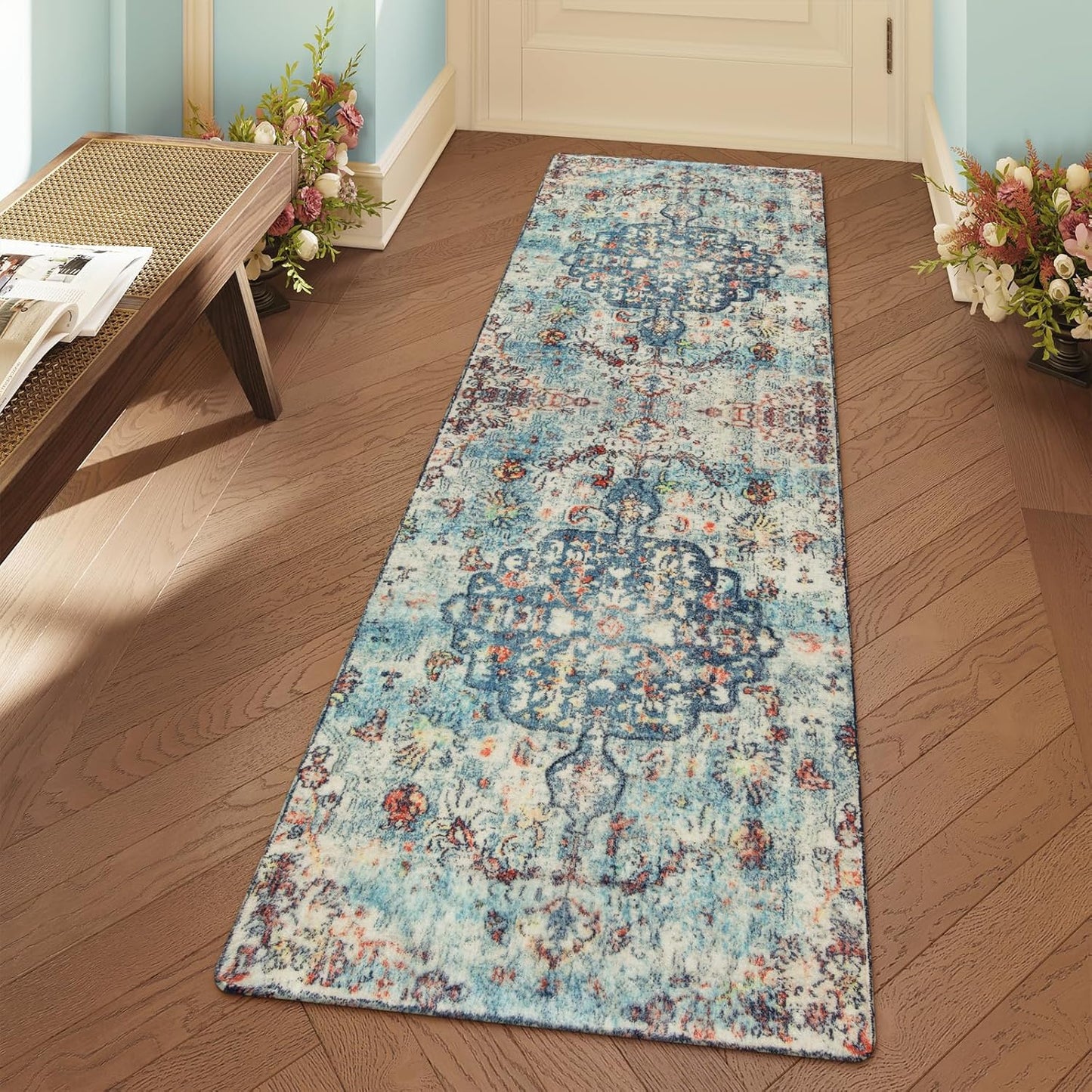 Lahome Bohemian Floral Medallion Round Rug - 4Ft Soft Bedroom Area Rug Oriental Distressed Washable Entryway Foyer Throw Mat Non-Slip Door Carpet for Dining Living Room Bedside Nursery, Orange/Multi