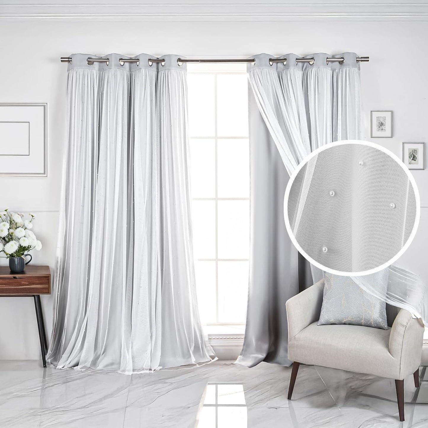 Best Home Fashion Pearl Beaded Lace Overlay Blackout Curtain Set, Double Layer Silver Grommet Thermal Insulated Window Panels for Bedroom, Living Room, Dining Room- 52" W x 84" L, Dustypink