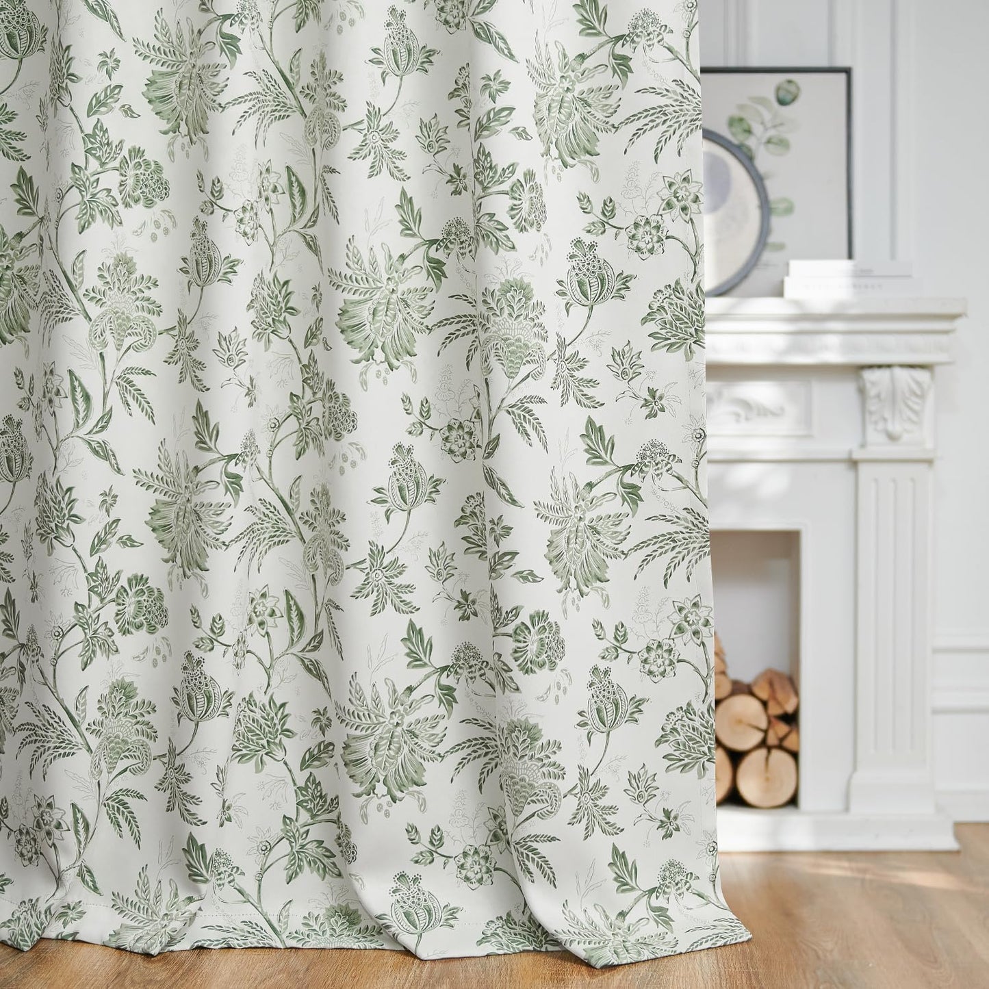 jinchan Blackout Floral Curtains for Bedroom, 96 Inches Long Printed Flower Black Out Curtains, French Country Back Tab Sage Green Window Treatment Farmhouse Drapes Set 2 Panels Green