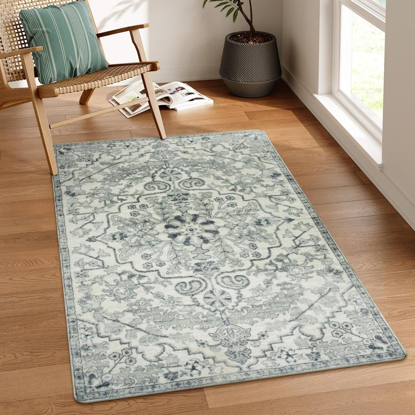Lahome Bohemian Floral Medallion Round Rug - 4Ft Soft Bedroom Area Rug Oriental Distressed Washable Entryway Foyer Throw Mat Non-Slip Door Carpet for Dining Living Room Bedside Nursery, Orange/Multi