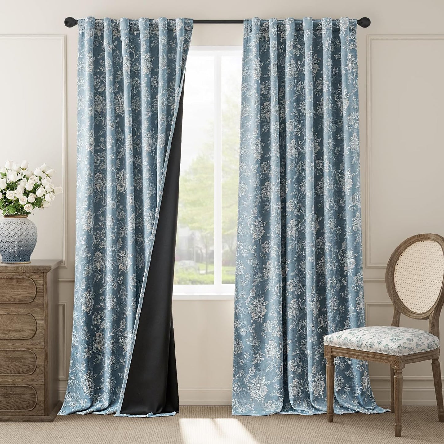 jinchan Blackout Floral Curtains for Bedroom, 96 Inches Long Printed Flower Black Out Curtains, French Country Back Tab Sage Green Window Treatment Farmhouse Drapes Set 2 Panels Green