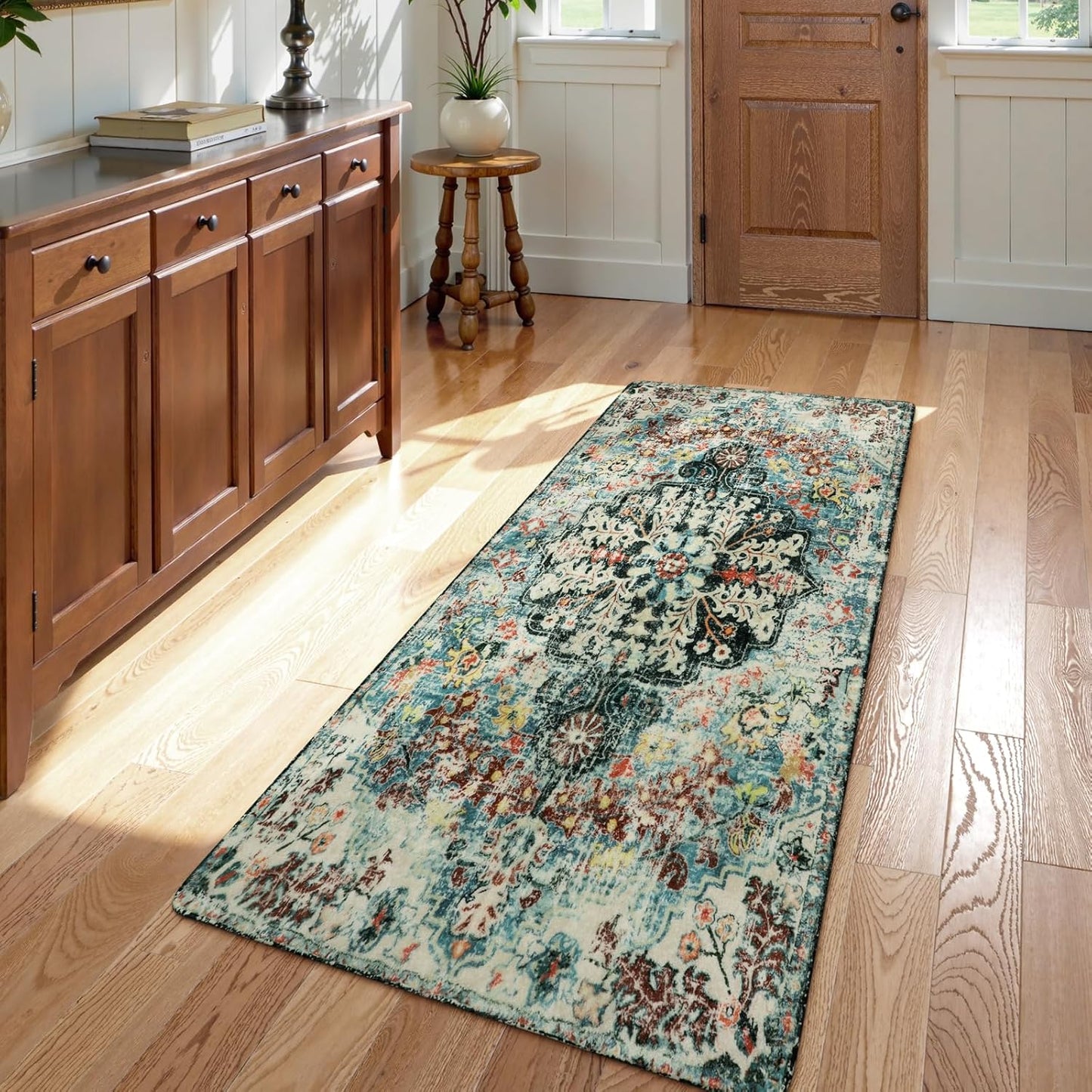 Lahome Bohemian Floral Medallion Round Rug - 4Ft Soft Bedroom Area Rug Oriental Distressed Washable Entryway Foyer Throw Mat Non-Slip Door Carpet for Dining Living Room Bedside Nursery, Orange/Multi