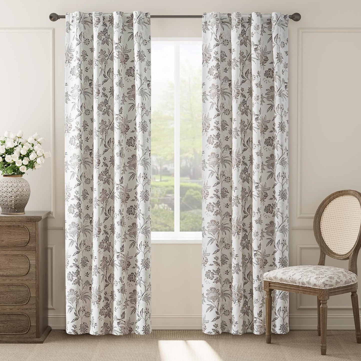 jinchan Blackout Floral Curtains for Bedroom, 96 Inches Long Printed Flower Black Out Curtains, French Country Back Tab Sage Green Window Treatment Farmhouse Drapes Set 2 Panels Green