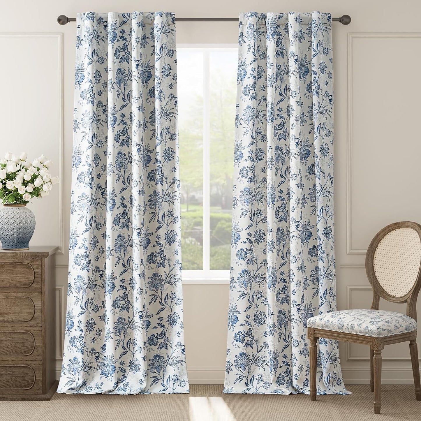 jinchan Blackout Floral Curtains for Bedroom, 96 Inches Long Printed Flower Black Out Curtains, French Country Back Tab Sage Green Window Treatment Farmhouse Drapes Set 2 Panels Green