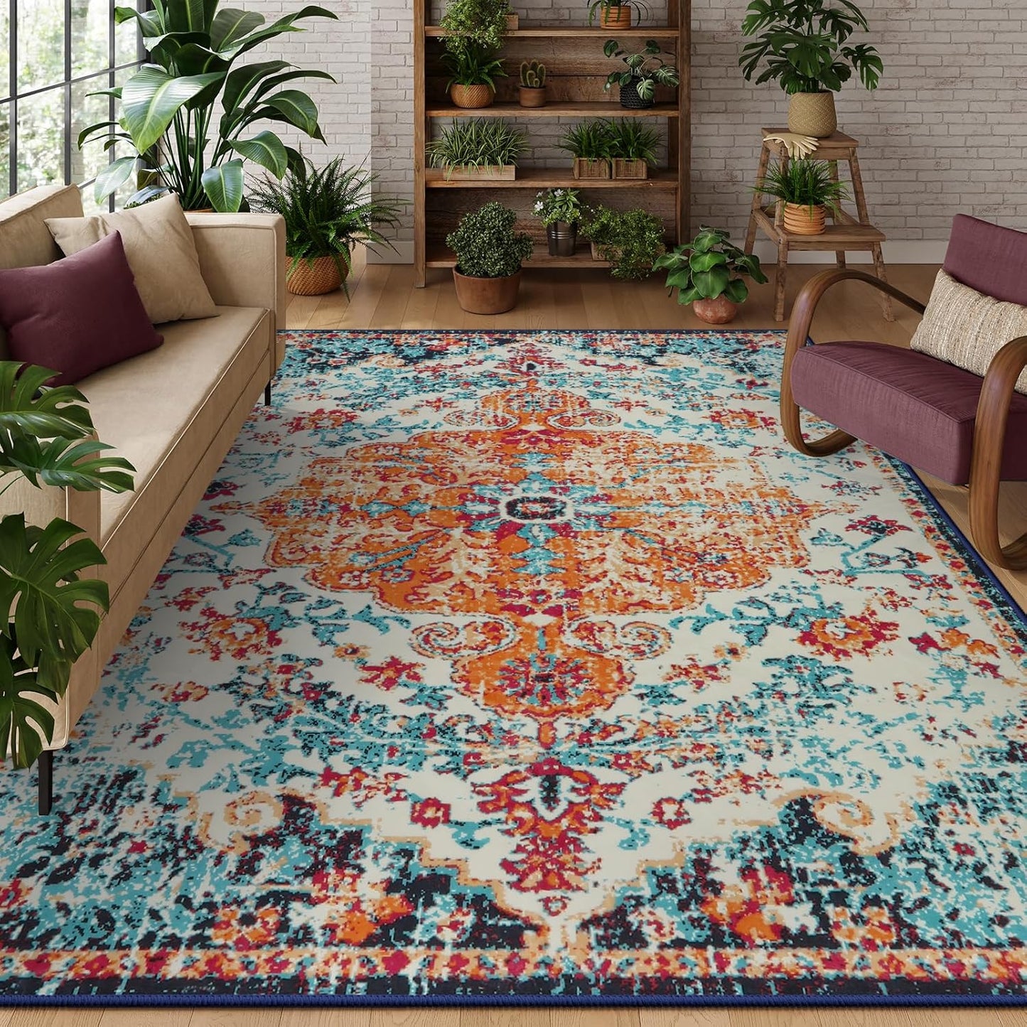 Lahome Bohemian Floral Medallion Round Rug - 4Ft Soft Bedroom Area Rug Oriental Distressed Washable Entryway Foyer Throw Mat Non-Slip Door Carpet for Dining Living Room Bedside Nursery, Orange/Multi