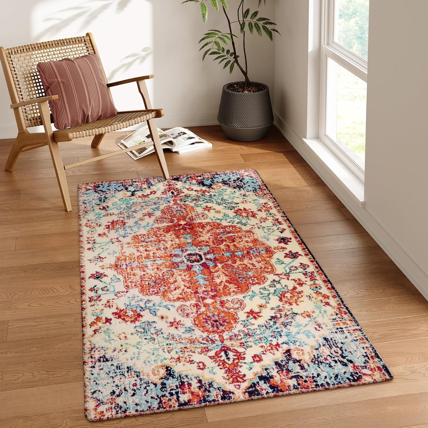 Lahome Bohemian Floral Medallion Round Rug - 4Ft Soft Bedroom Area Rug Oriental Distressed Washable Entryway Foyer Throw Mat Non-Slip Door Carpet for Dining Living Room Bedside Nursery, Orange/Multi