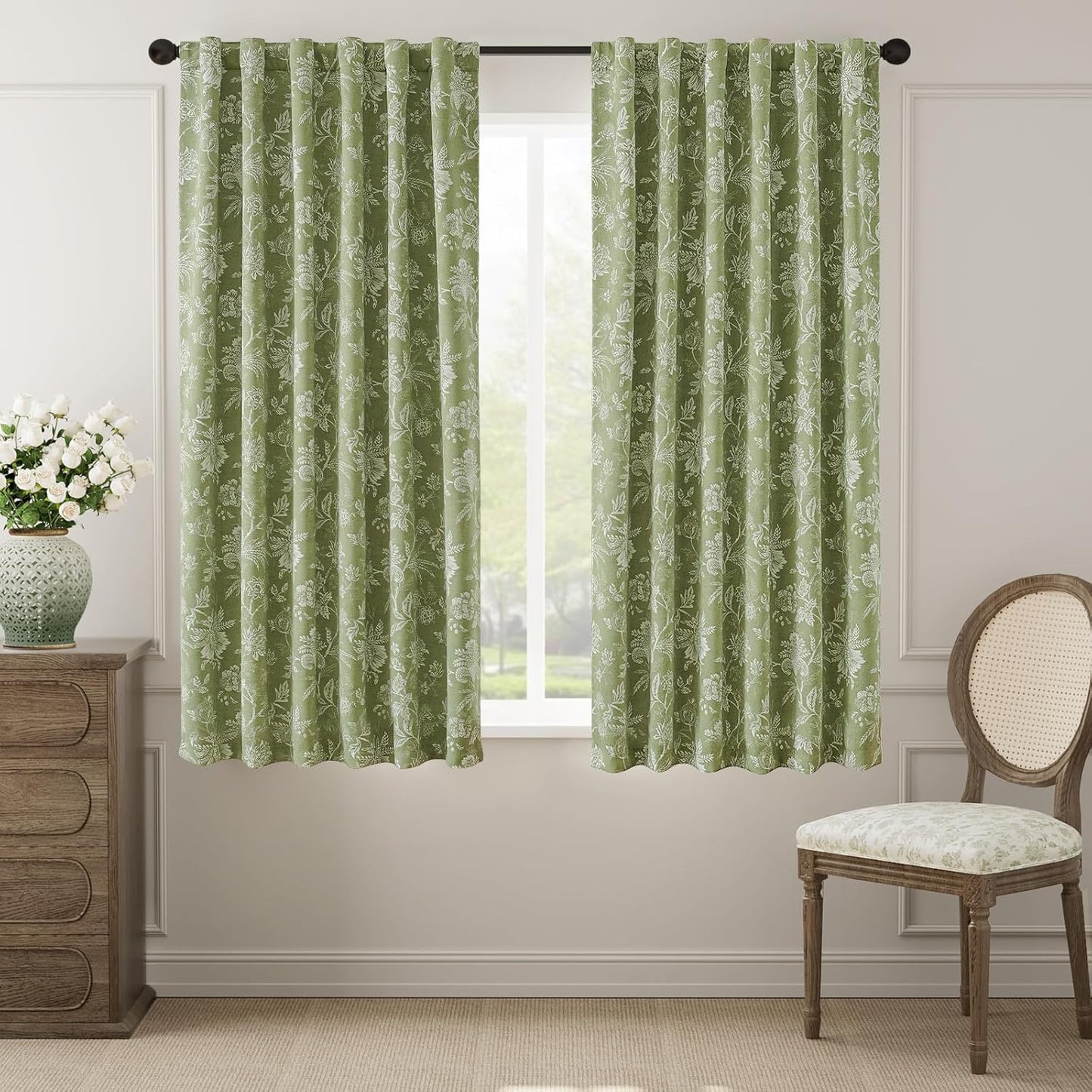 jinchan Blackout Floral Curtains for Bedroom, 96 Inches Long Printed Flower Black Out Curtains, French Country Back Tab Sage Green Window Treatment Farmhouse Drapes Set 2 Panels Green