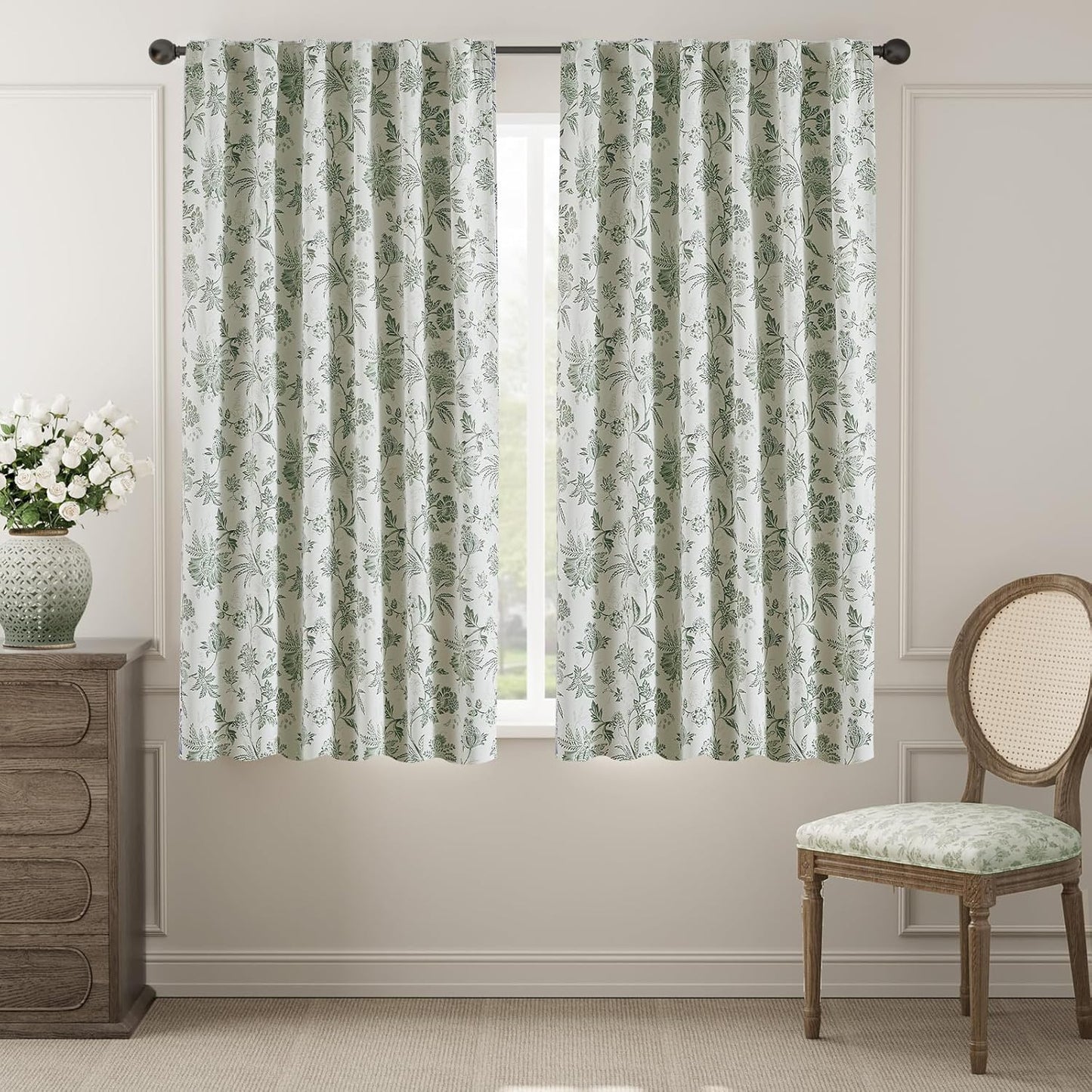 jinchan Blackout Floral Curtains for Bedroom, 96 Inches Long Printed Flower Black Out Curtains, French Country Back Tab Sage Green Window Treatment Farmhouse Drapes Set 2 Panels Green