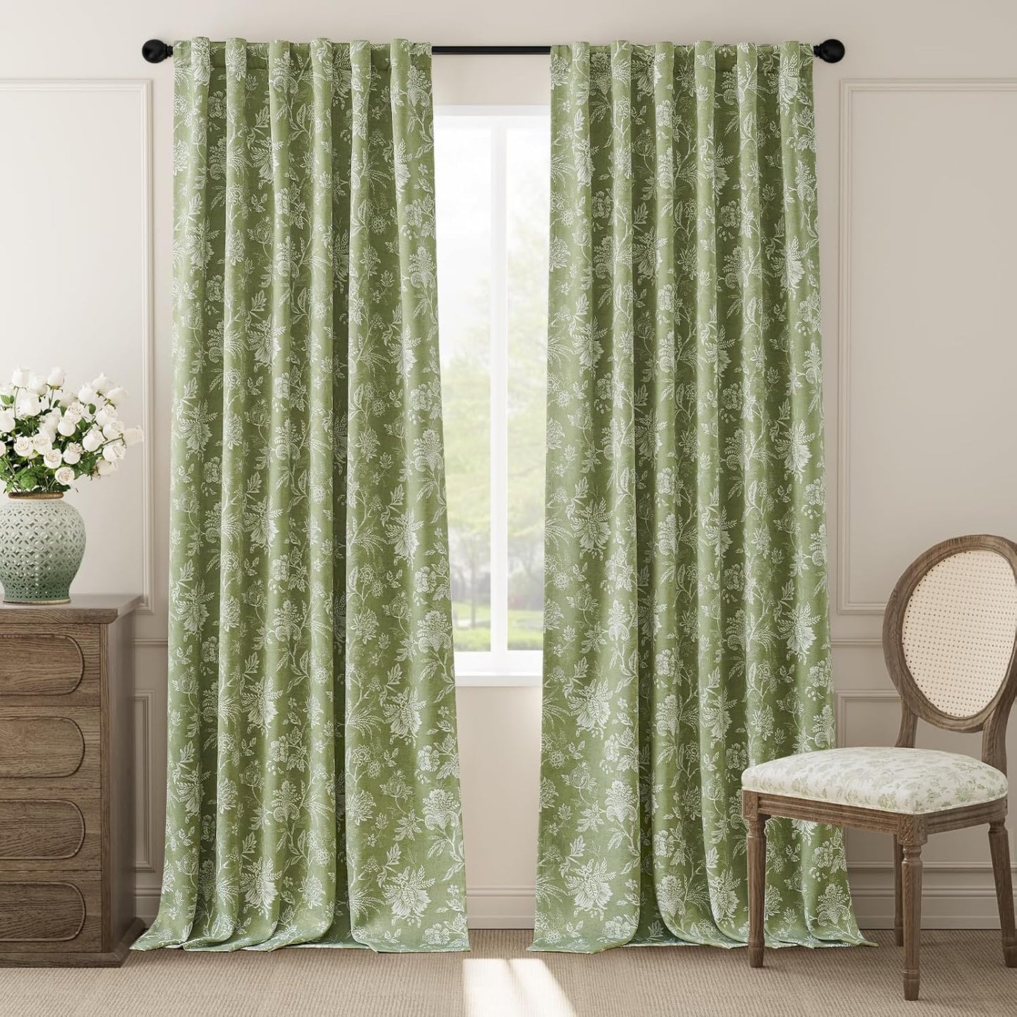 jinchan Blackout Floral Curtains for Bedroom, 96 Inches Long Printed Flower Black Out Curtains, French Country Back Tab Sage Green Window Treatment Farmhouse Drapes Set 2 Panels Green