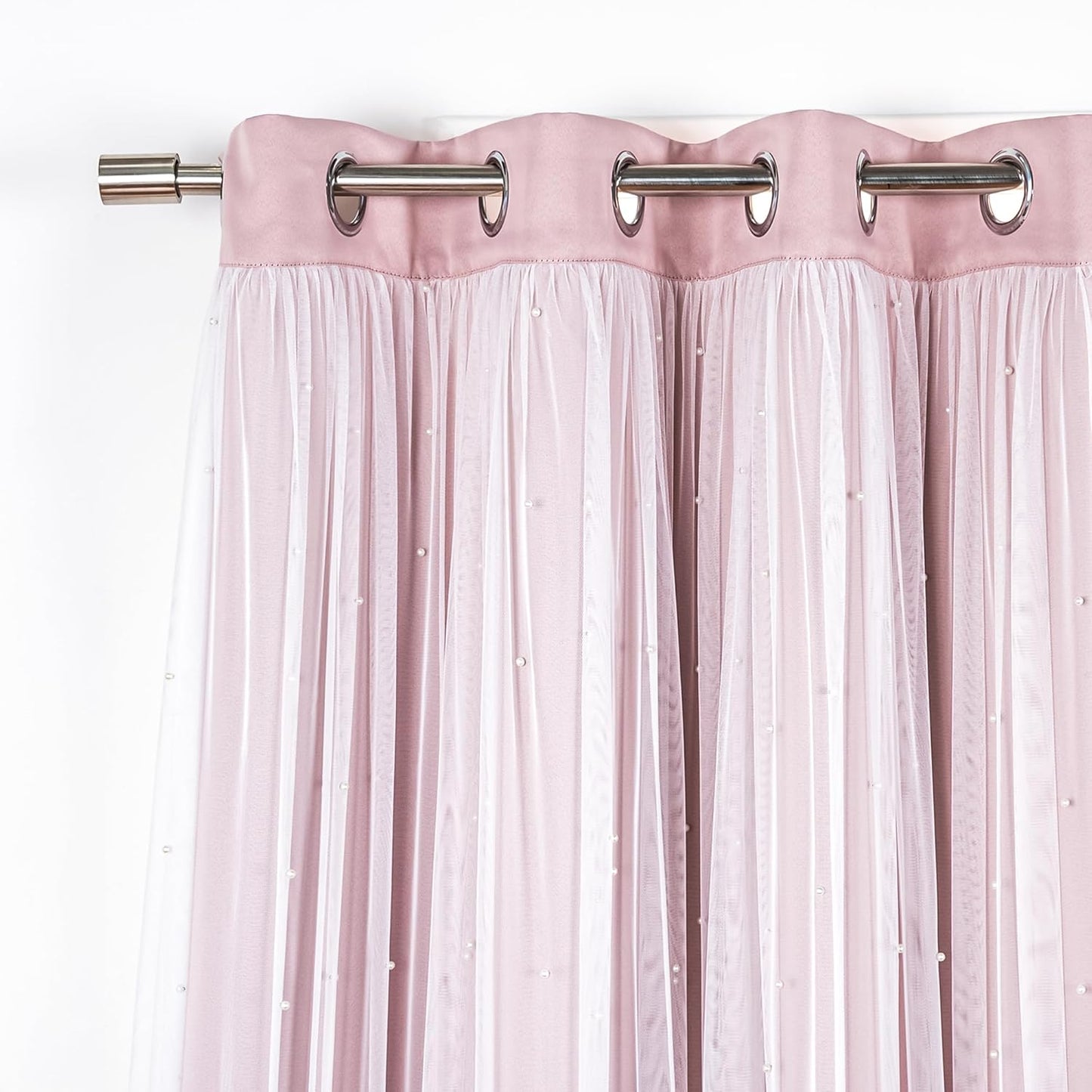 Best Home Fashion Pearl Beaded Lace Overlay Blackout Curtain Set, Double Layer Silver Grommet Thermal Insulated Window Panels for Bedroom, Living Room, Dining Room- 52" W x 84" L, Dustypink