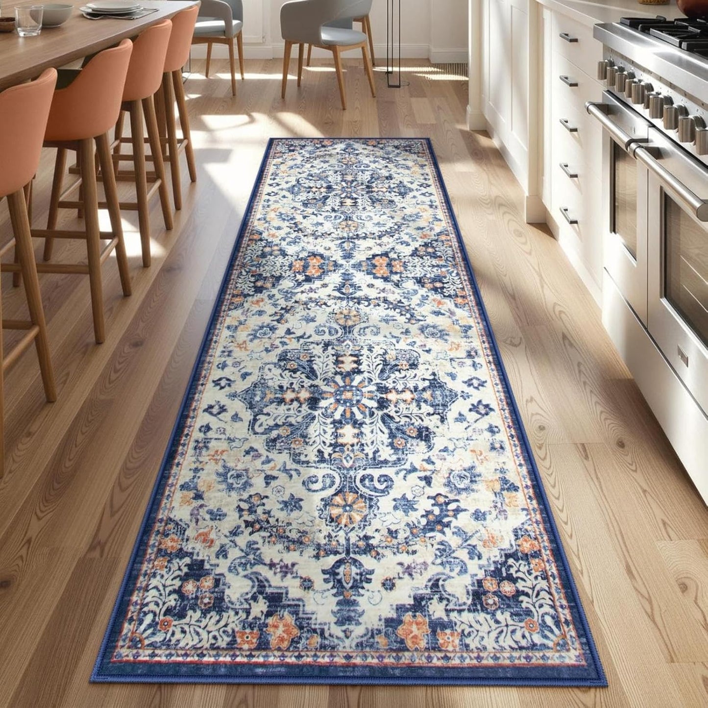Lahome Bohemian Floral Medallion Round Rug - 4Ft Soft Bedroom Area Rug Oriental Distressed Washable Entryway Foyer Throw Mat Non-Slip Door Carpet for Dining Living Room Bedside Nursery, Orange/Multi