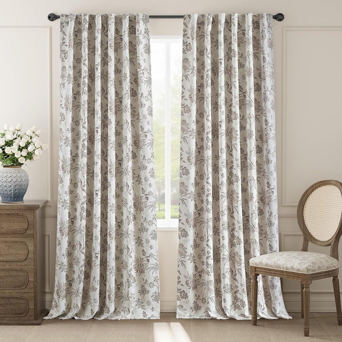 jinchan Blackout Floral Curtains for Bedroom, 96 Inches Long Printed Flower Black Out Curtains, French Country Back Tab Sage Green Window Treatment Farmhouse Drapes Set 2 Panels Green