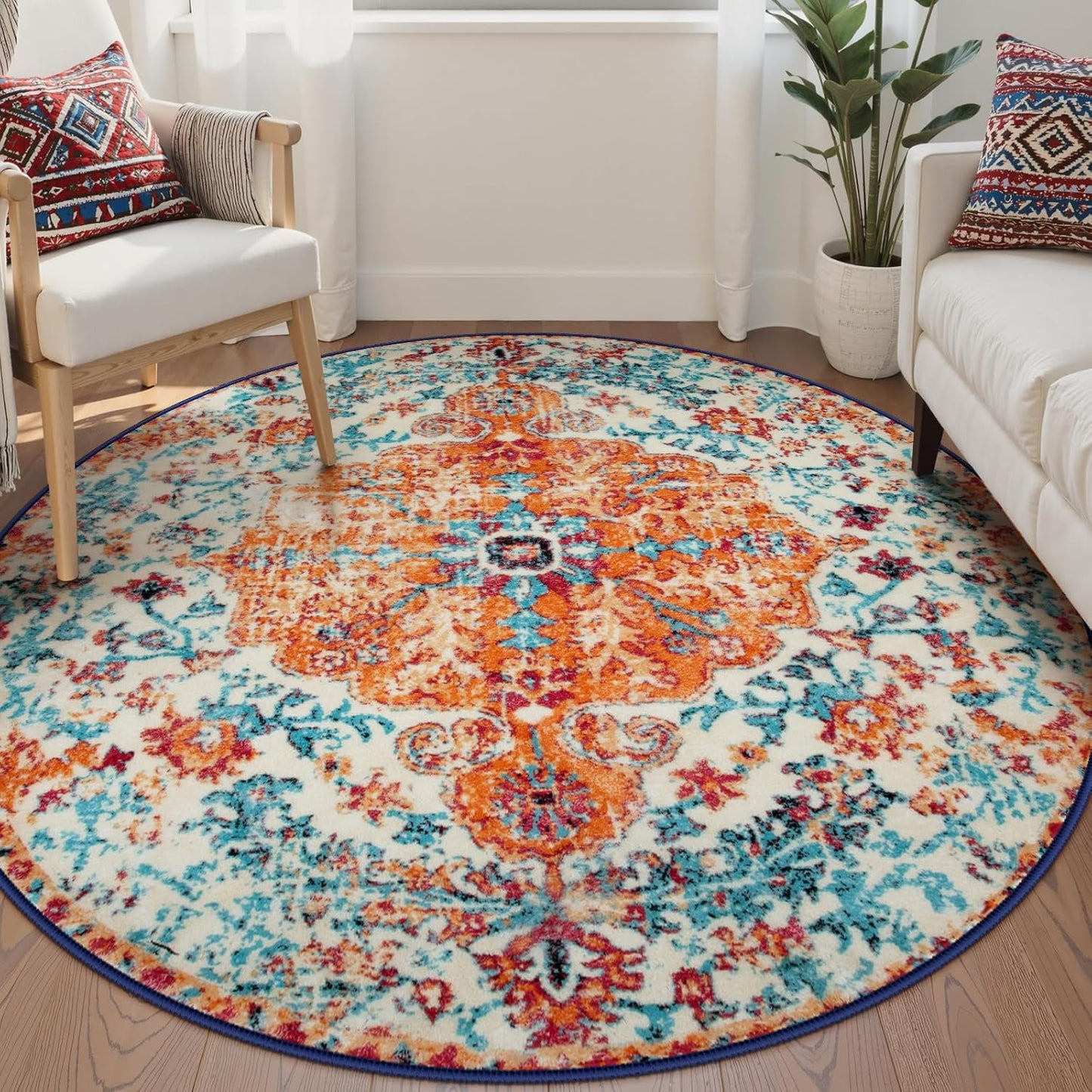 Lahome Bohemian Floral Medallion Round Rug - 4Ft Soft Bedroom Area Rug Oriental Distressed Washable Entryway Foyer Throw Mat Non-Slip Door Carpet for Dining Living Room Bedside Nursery, Orange/Multi