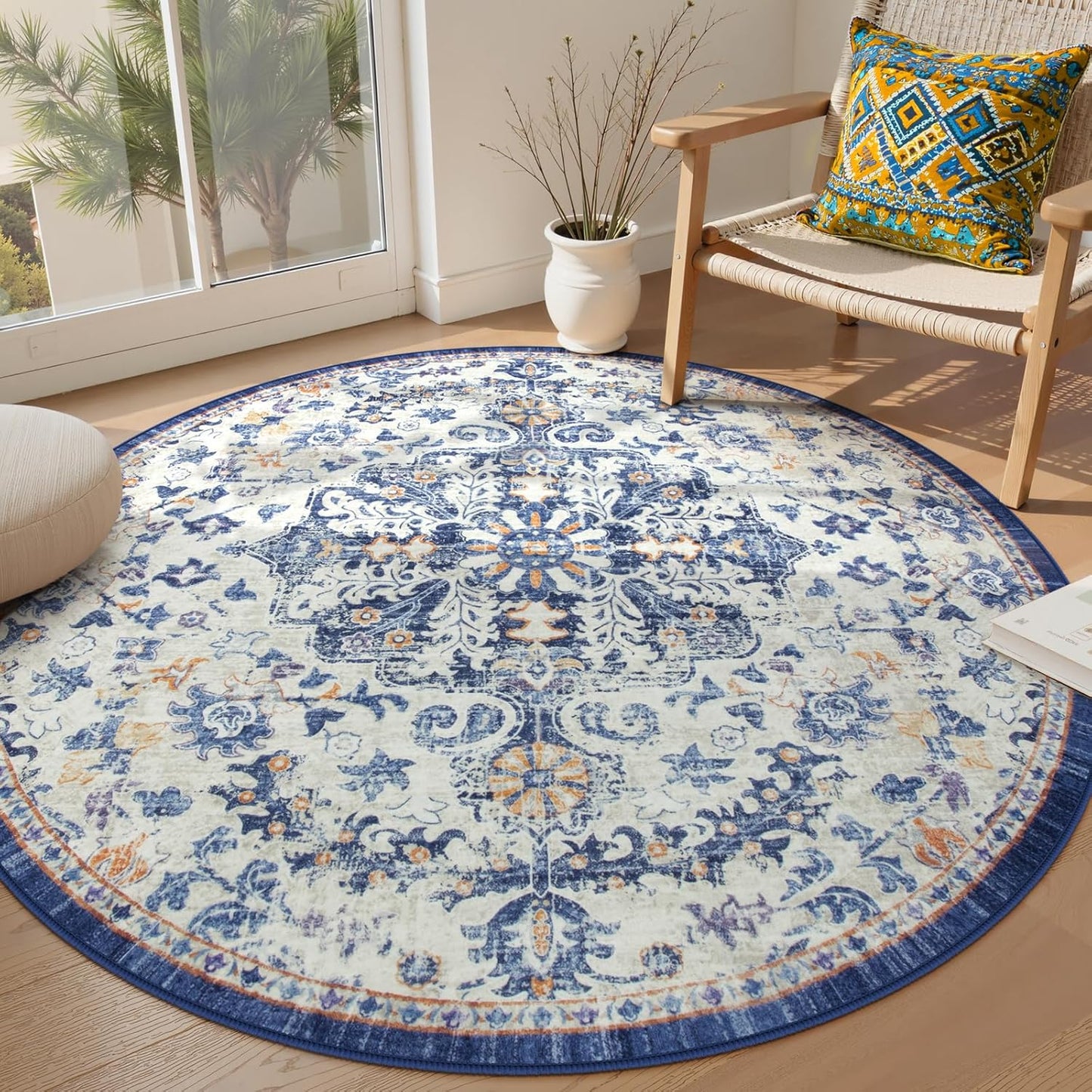 Lahome Bohemian Floral Medallion Round Rug - 4Ft Soft Bedroom Area Rug Oriental Distressed Washable Entryway Foyer Throw Mat Non-Slip Door Carpet for Dining Living Room Bedside Nursery, Orange/Multi
