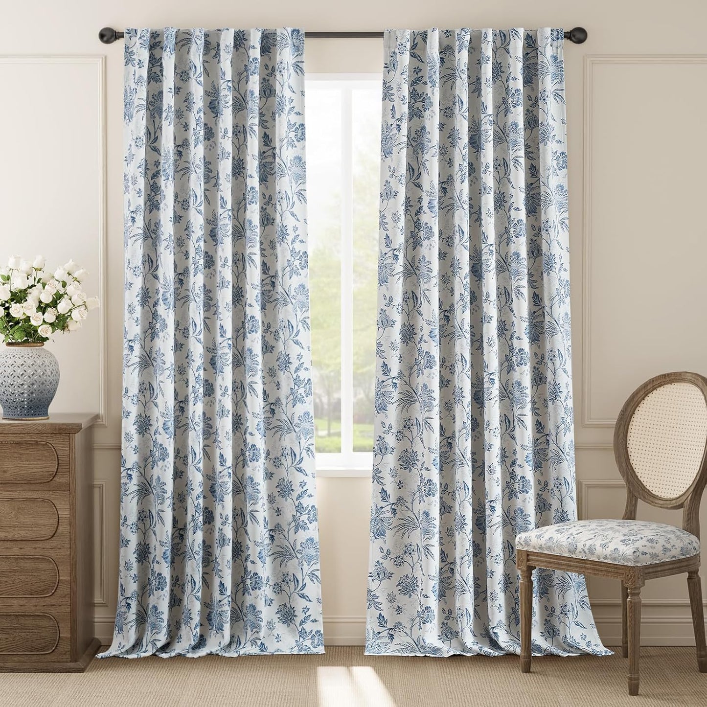 jinchan Blackout Floral Curtains for Bedroom, 96 Inches Long Printed Flower Black Out Curtains, French Country Back Tab Sage Green Window Treatment Farmhouse Drapes Set 2 Panels Green