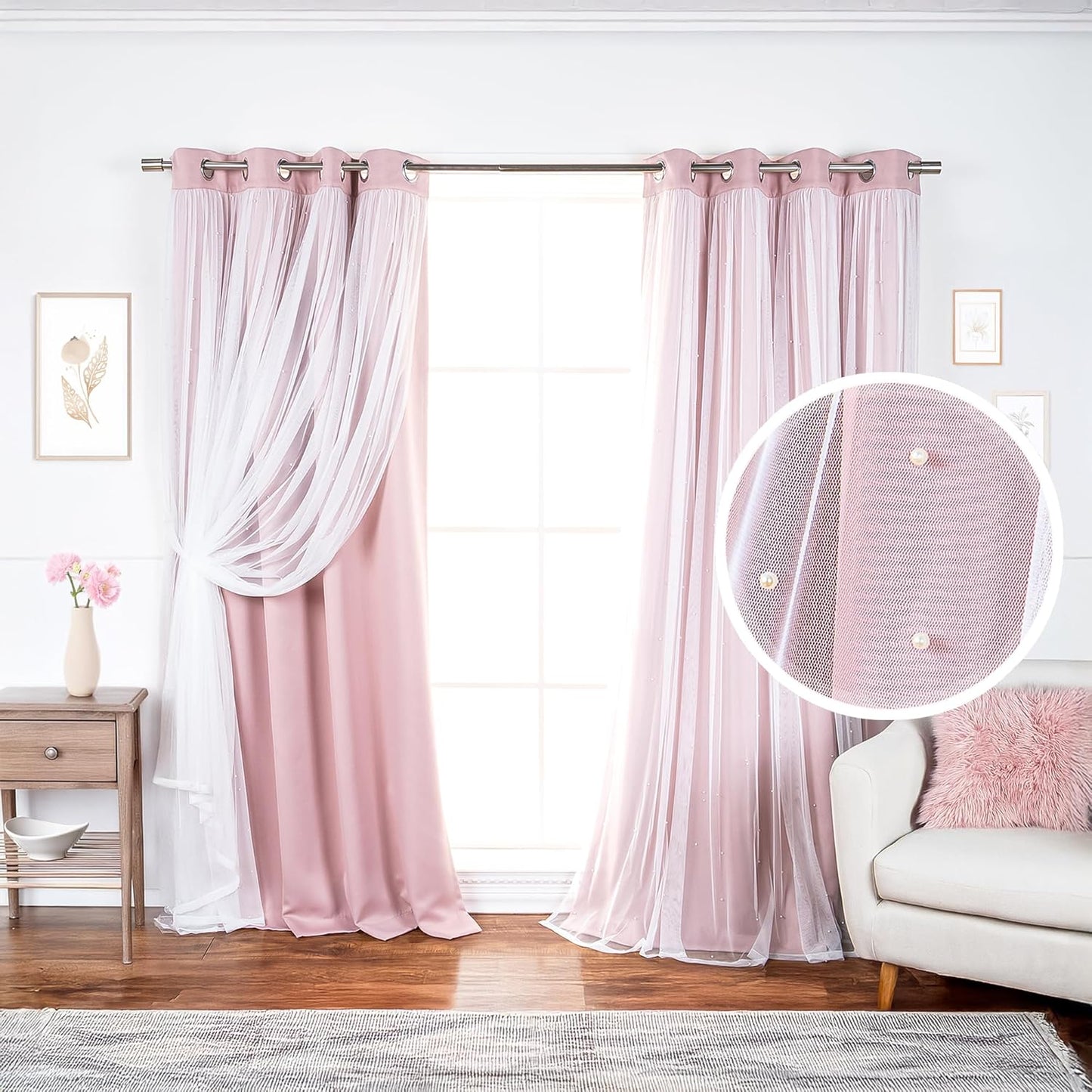 Best Home Fashion Pearl Beaded Lace Overlay Blackout Curtain Set, Double Layer Silver Grommet Thermal Insulated Window Panels for Bedroom, Living Room, Dining Room- 52" W x 84" L, Dustypink