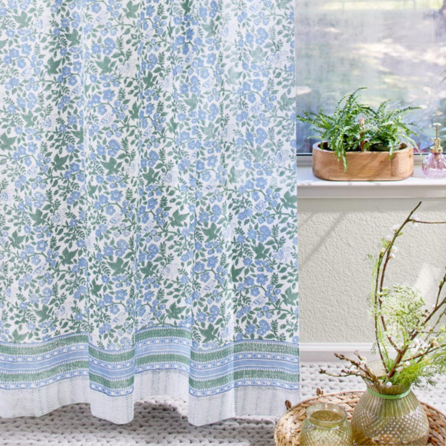 White Sheer Curtain Panel with Tieback, Ivy Lace Leaf Design Tab Top for Light Filtering & Privacy 100% Cotton Voile Hand Block Printed 44 x 84 Inches