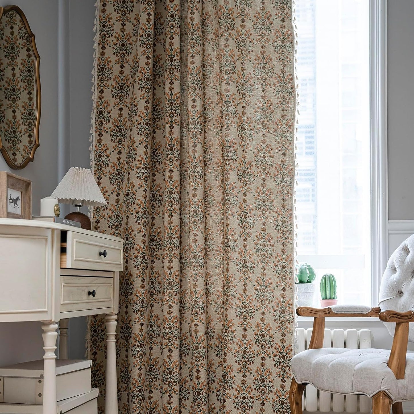 BHUSB Farmhouse Curtains for Living Room 84 Inch Length,Boho Floral Cotton Linen Window Curtains Semi-Blackout Drapes for Bedroom,Bohemian Decoration Drapes,2 Panels