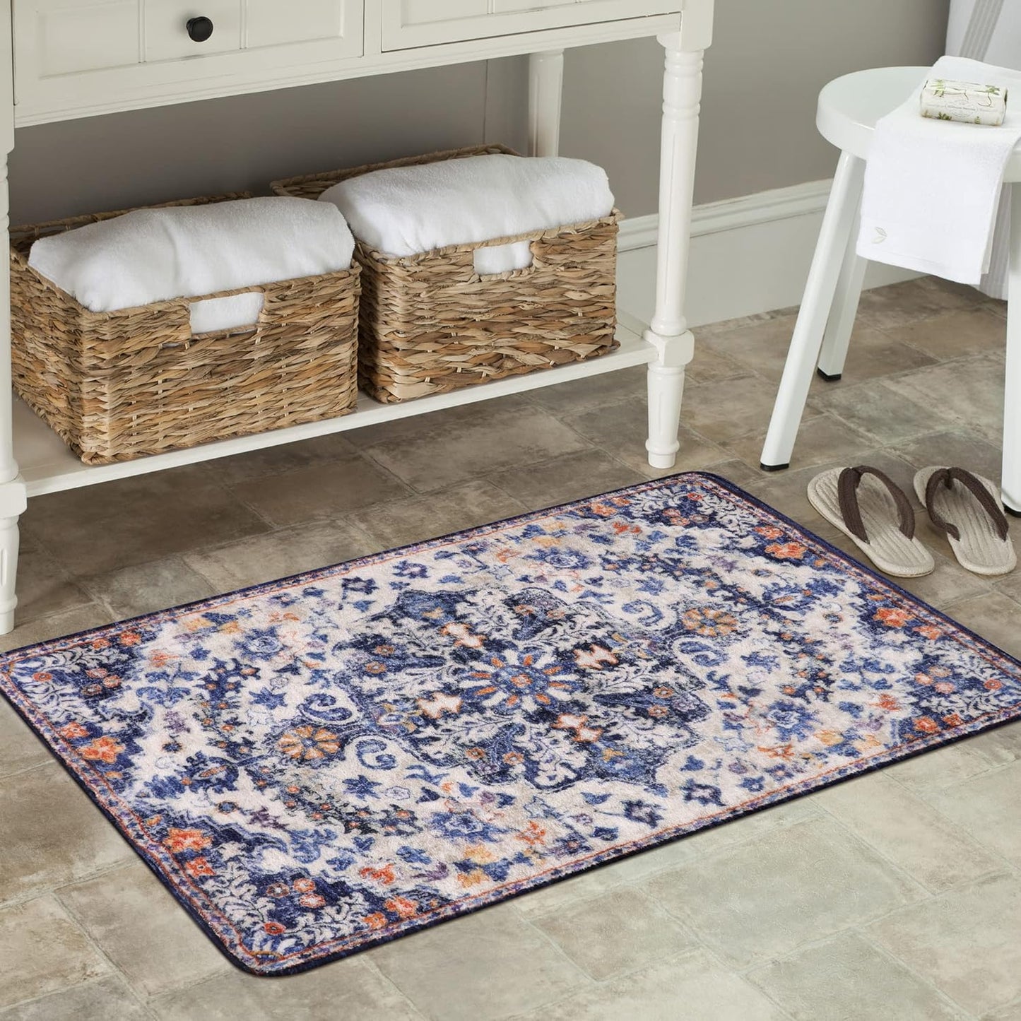 Lahome Bohemian Floral Medallion Round Rug - 4Ft Soft Bedroom Area Rug Oriental Distressed Washable Entryway Foyer Throw Mat Non-Slip Door Carpet for Dining Living Room Bedside Nursery, Orange/Multi