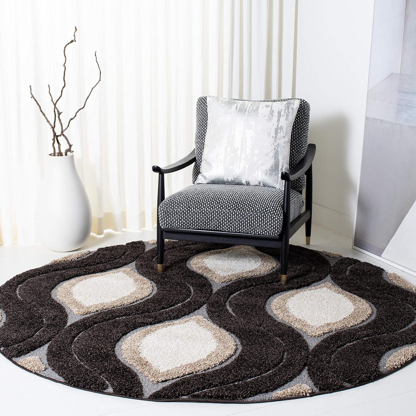 SAFAVIEH Florida Shag Collection Area Rug - 6'7" Round, Cream & Smoke, Modern Ogee Design, Non-Shedding & Easy Care, 1.2-inch Thick Ideal for High Traffic Areas in Living Room, Bedroom (SG461-1179)