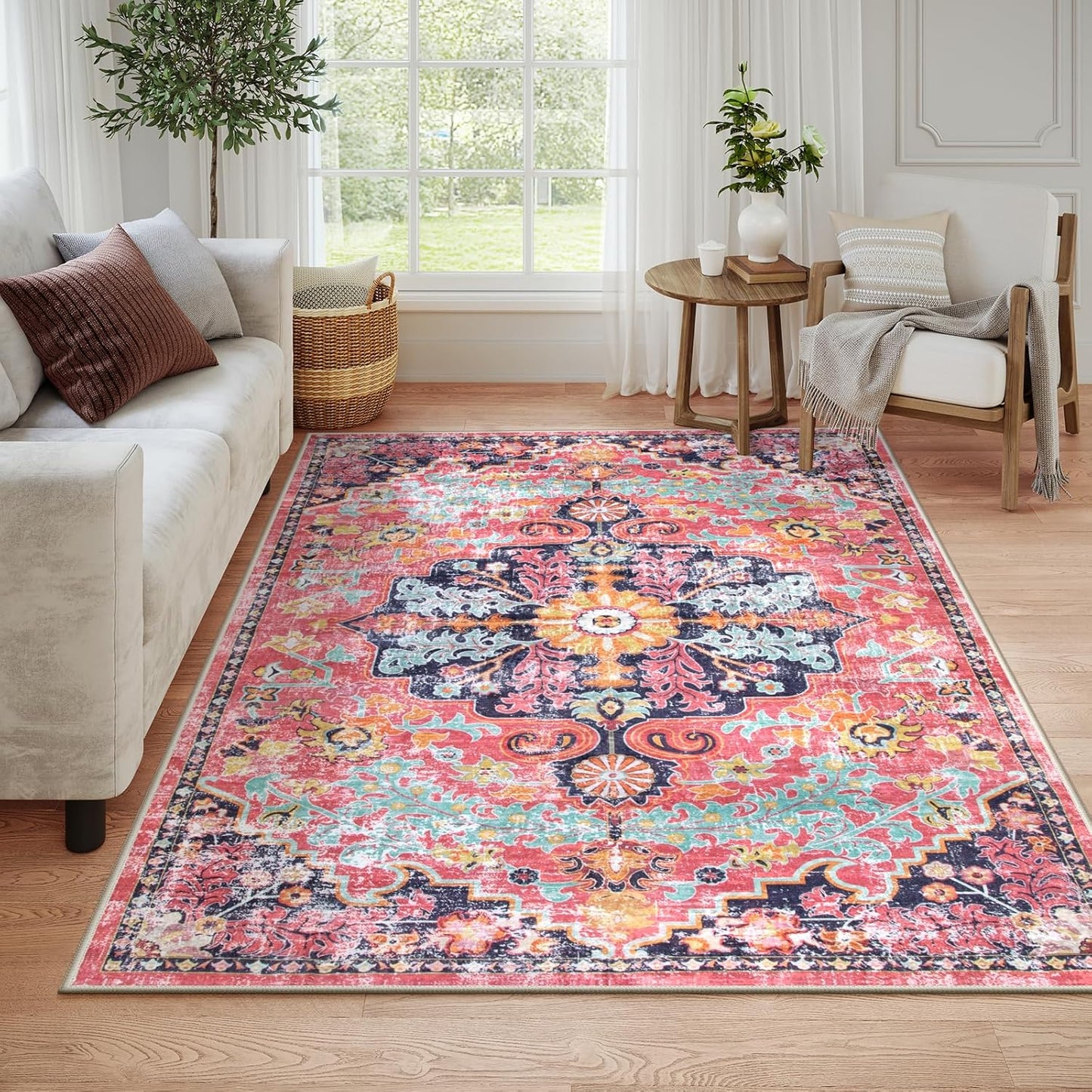 Lahome Bohemian Floral Medallion Round Rug - 4Ft Soft Bedroom Area Rug Oriental Distressed Washable Entryway Foyer Throw Mat Non-Slip Door Carpet for Dining Living Room Bedside Nursery, Orange/Multi