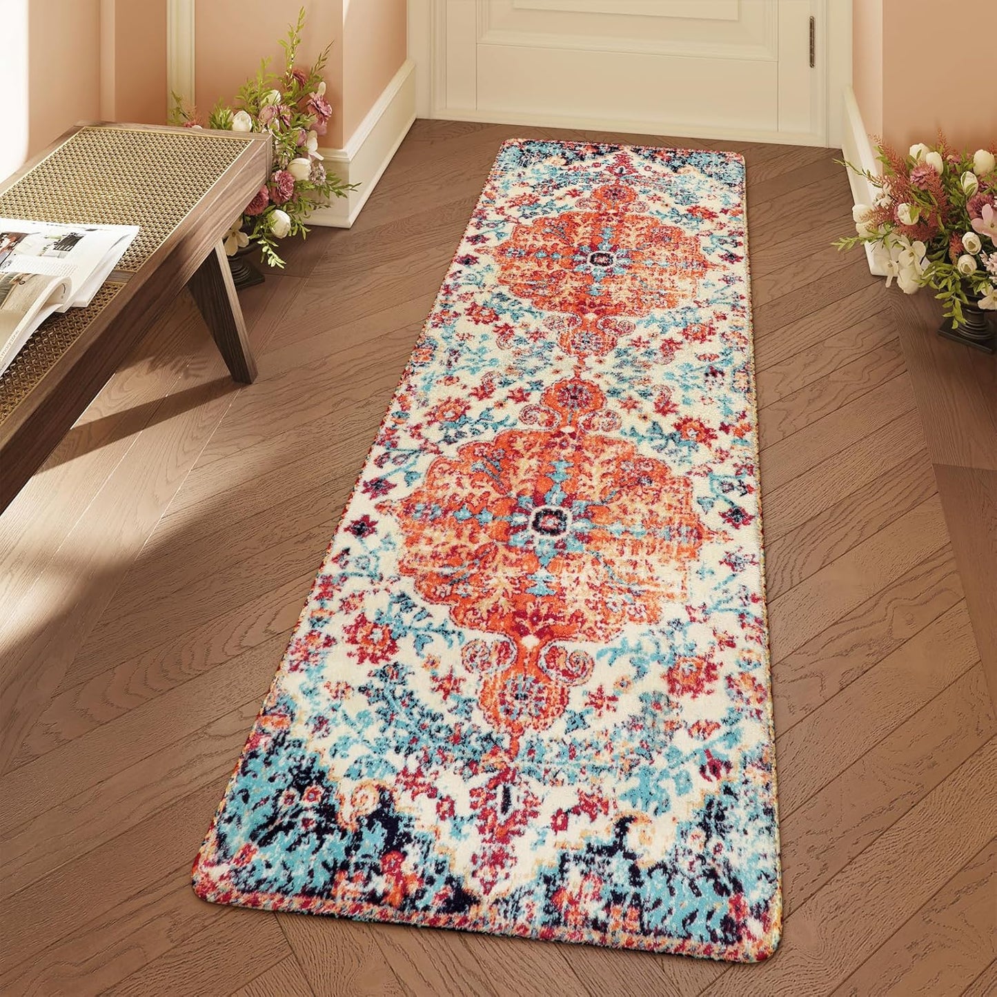 Lahome Bohemian Floral Medallion Round Rug - 4Ft Soft Bedroom Area Rug Oriental Distressed Washable Entryway Foyer Throw Mat Non-Slip Door Carpet for Dining Living Room Bedside Nursery, Orange/Multi