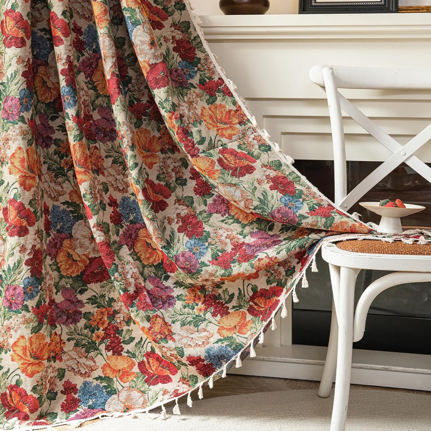 ENJOYBRIDAL Floral Curtains 84 Inch Length 2 Panels Vintage Flower Patterned Drapes Boho Semi Sheer Tassel Rustic Country Rod Pocket Botanical Farmhouse Window Curtain Panels for Bedroom Living Room
