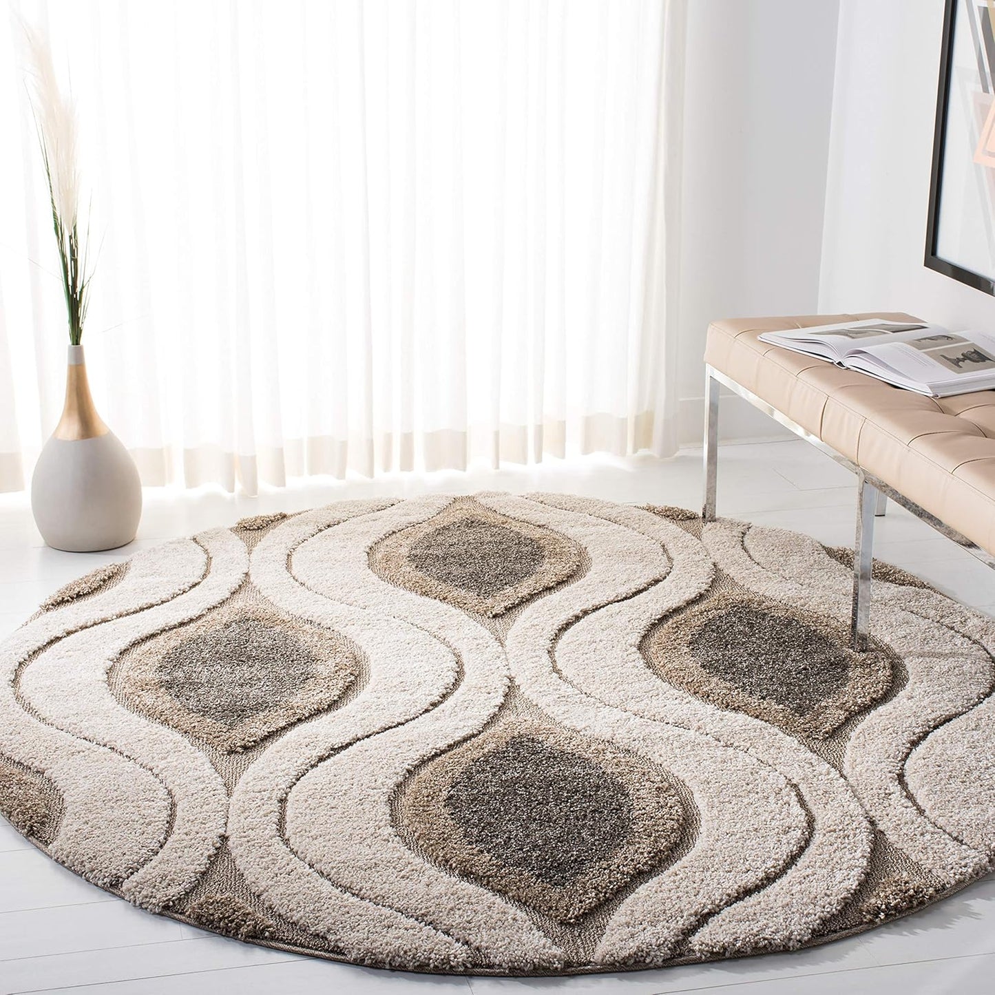 SAFAVIEH Florida Shag Collection Area Rug - 6'7" Round, Cream & Smoke, Modern Ogee Design, Non-Shedding & Easy Care, 1.2-inch Thick Ideal for High Traffic Areas in Living Room, Bedroom (SG461-1179)
