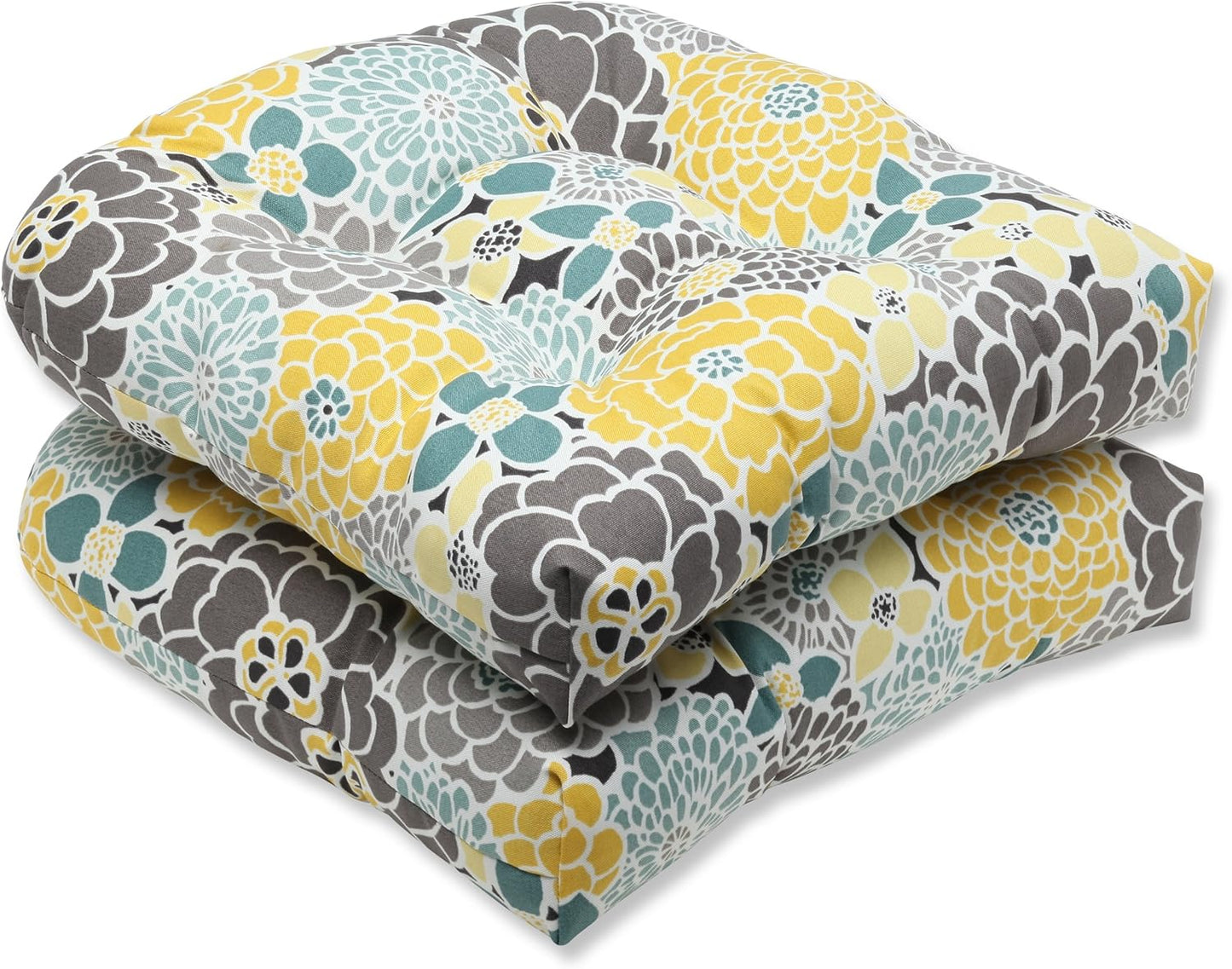 Pillow Perfect Floral Indoor/Outdoor Chair Seat Cushion, Tufted, Weather, and Fade Resistant, 19" x 19", Blue/Yellow Spring Bling, 2 Count