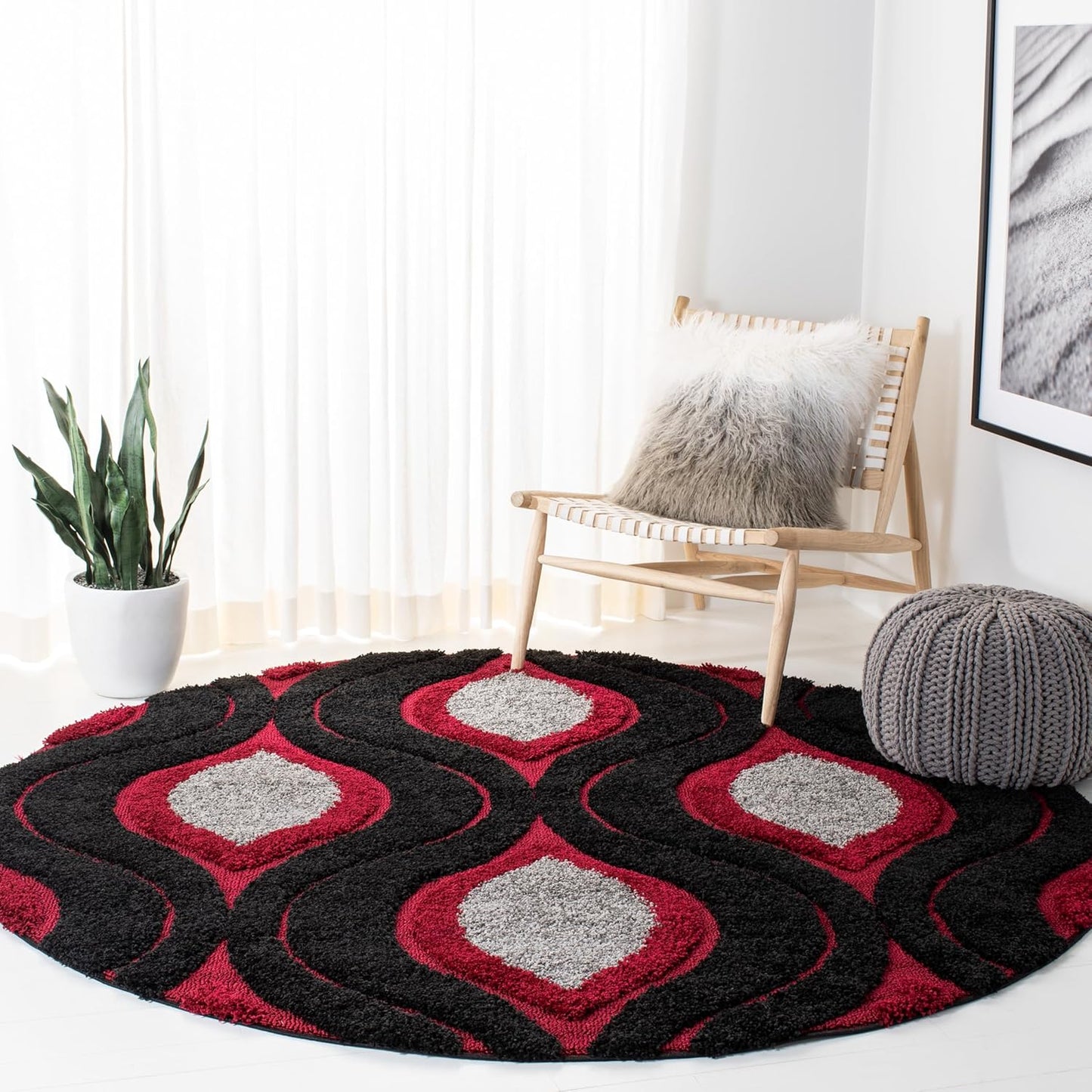 SAFAVIEH Florida Shag Collection Area Rug - 6'7" Round, Cream & Smoke, Modern Ogee Design, Non-Shedding & Easy Care, 1.2-inch Thick Ideal for High Traffic Areas in Living Room, Bedroom (SG461-1179)