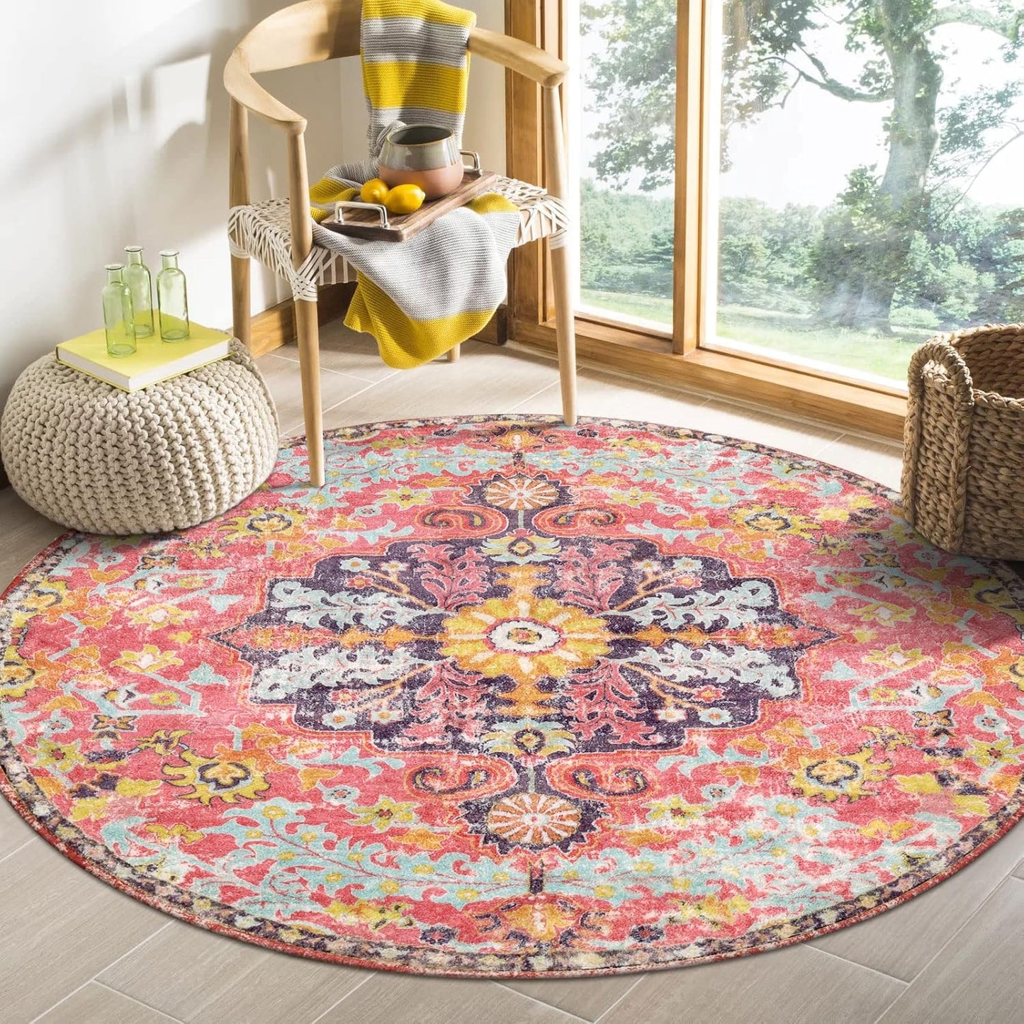 Lahome Bohemian Floral Medallion Round Rug - 4Ft Soft Bedroom Area Rug Oriental Distressed Washable Entryway Foyer Throw Mat Non-Slip Door Carpet for Dining Living Room Bedside Nursery, Orange/Multi