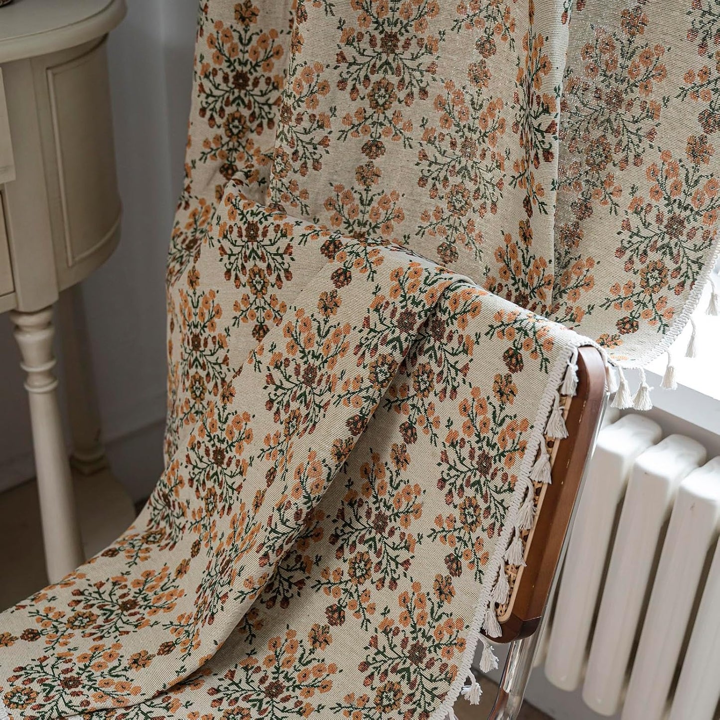 BHUSB Farmhouse Curtains for Living Room 84 Inch Length,Boho Floral Cotton Linen Window Curtains Semi-Blackout Drapes for Bedroom,Bohemian Decoration Drapes,2 Panels