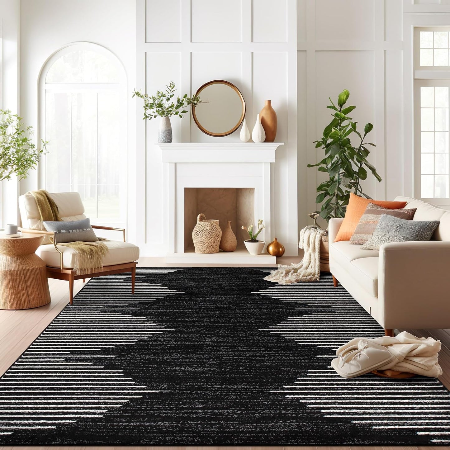 Rugshop Bohemian Stripe Stain Resistant High Traffic Living Room Kitchen Bedroom Dining Home Office Round Rug 8' Cream
