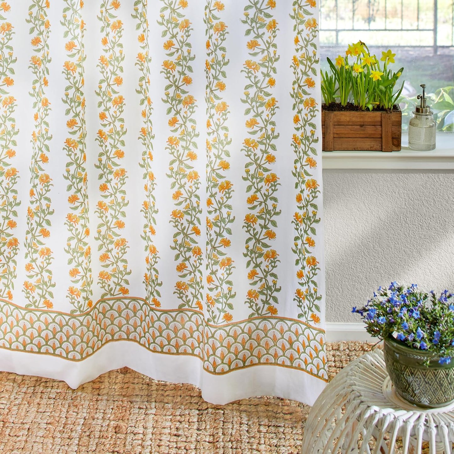 White Sheer Curtain Panel with Tieback, Ivy Lace Leaf Design Tab Top for Light Filtering & Privacy 100% Cotton Voile Hand Block Printed 44 x 84 Inches