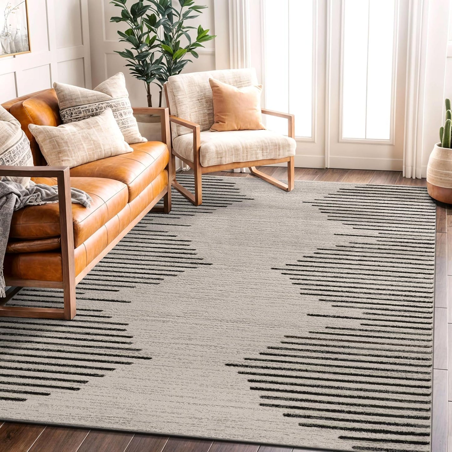 Rugshop Bohemian Stripe Stain Resistant High Traffic Living Room Kitchen Bedroom Dining Home Office Round Rug 8' Cream