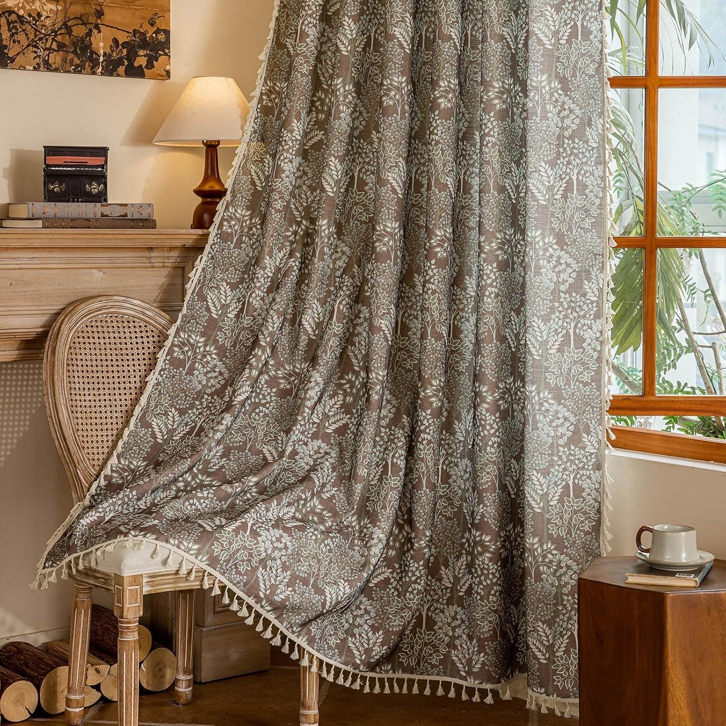 BHUSB Farmhouse Curtains for Living Room 84 Inch Length,Boho Floral Cotton Linen Window Curtains Semi-Blackout Drapes for Bedroom,Bohemian Decoration Drapes,2 Panels