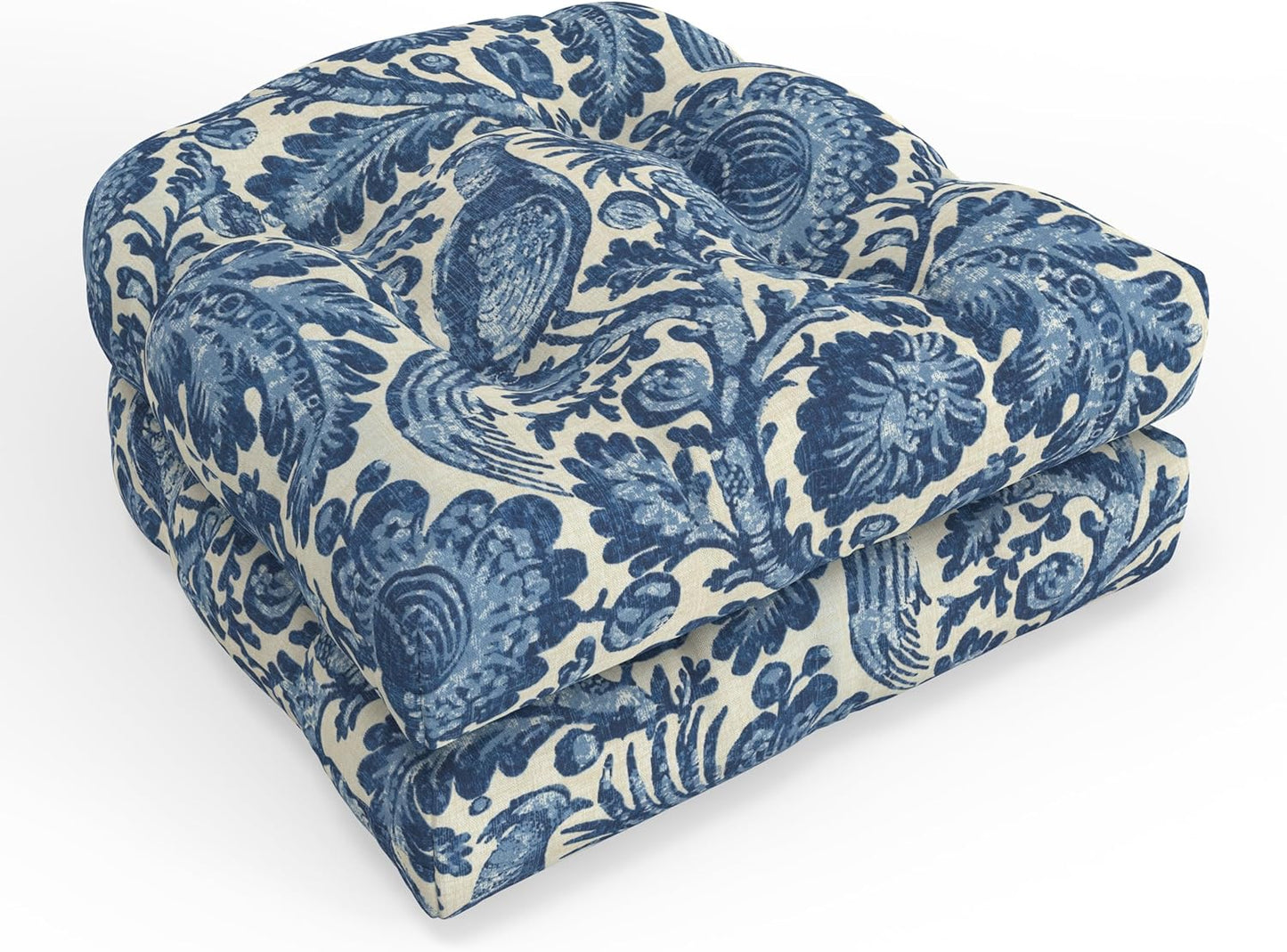 Pillow Perfect Floral Indoor/Outdoor Chair Seat Cushion, Tufted, Weather, and Fade Resistant, 19" x 19", Blue/Yellow Spring Bling, 2 Count